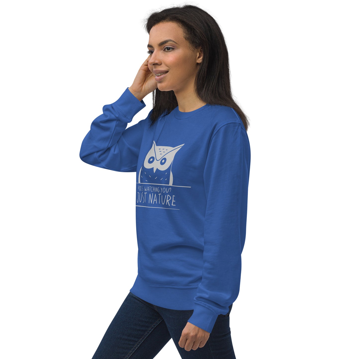 Unisex Organic Sweatshirt: 'Hoo's Watching You? Just Nature' | Sustainable Owl Fashion USA Dudeily