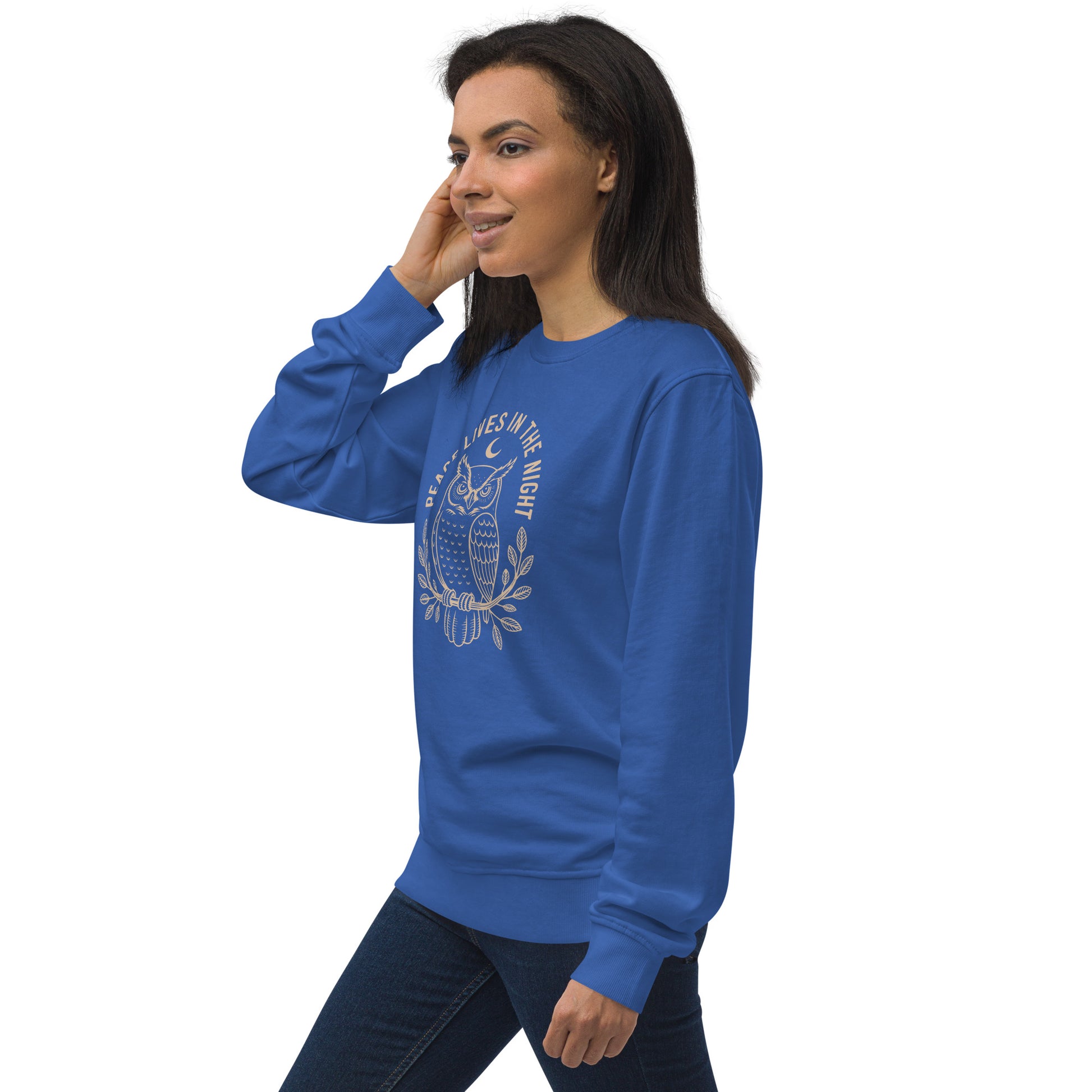 Unisex Organic Sweatshirt: 'Peace in the Night' in Fall | Sustainable Owl Fashion USA Dudeily