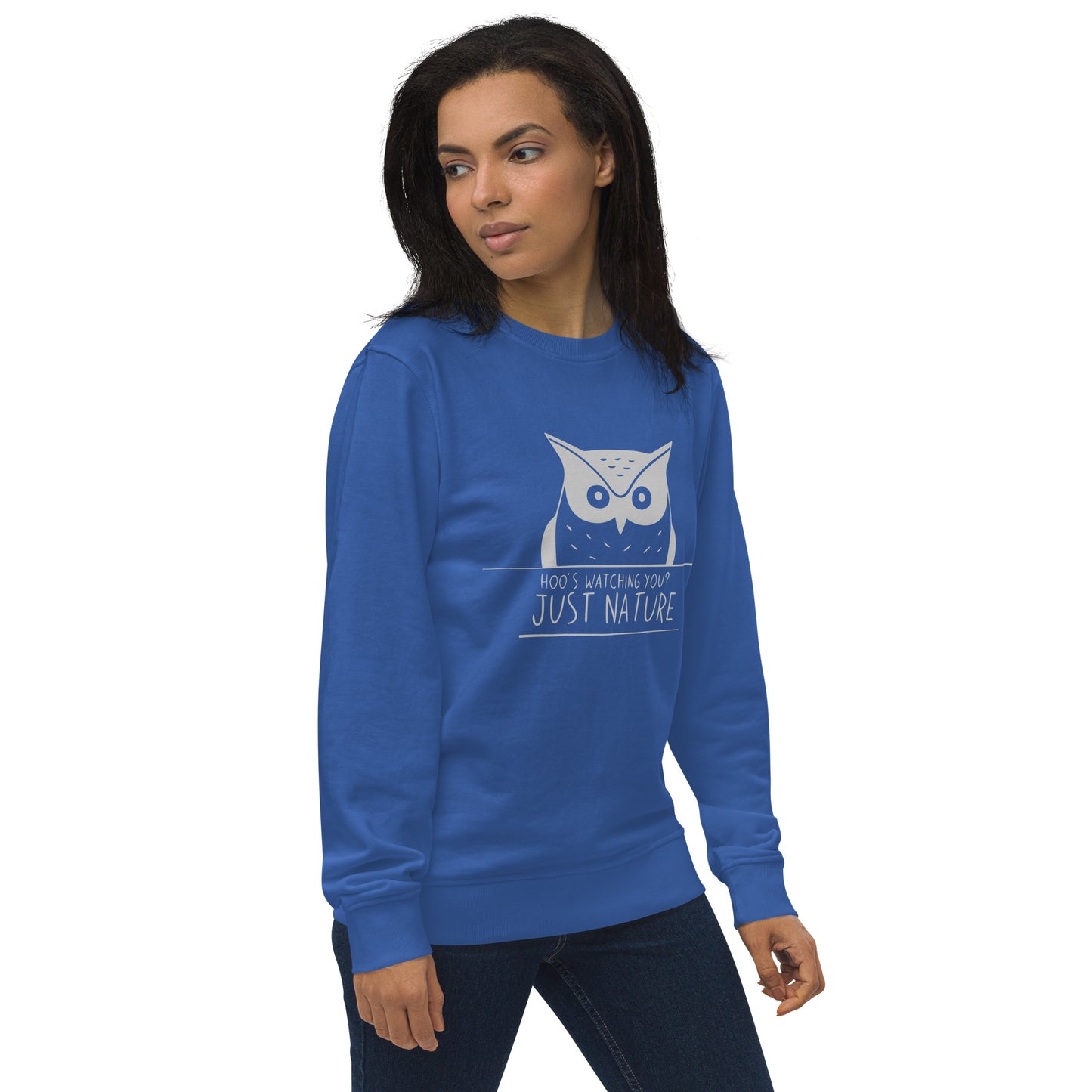 Unisex Organic Sweatshirt: 'Hoo's Watching You? Just Nature' | Sustainable Owl Fashion USA Dudeily