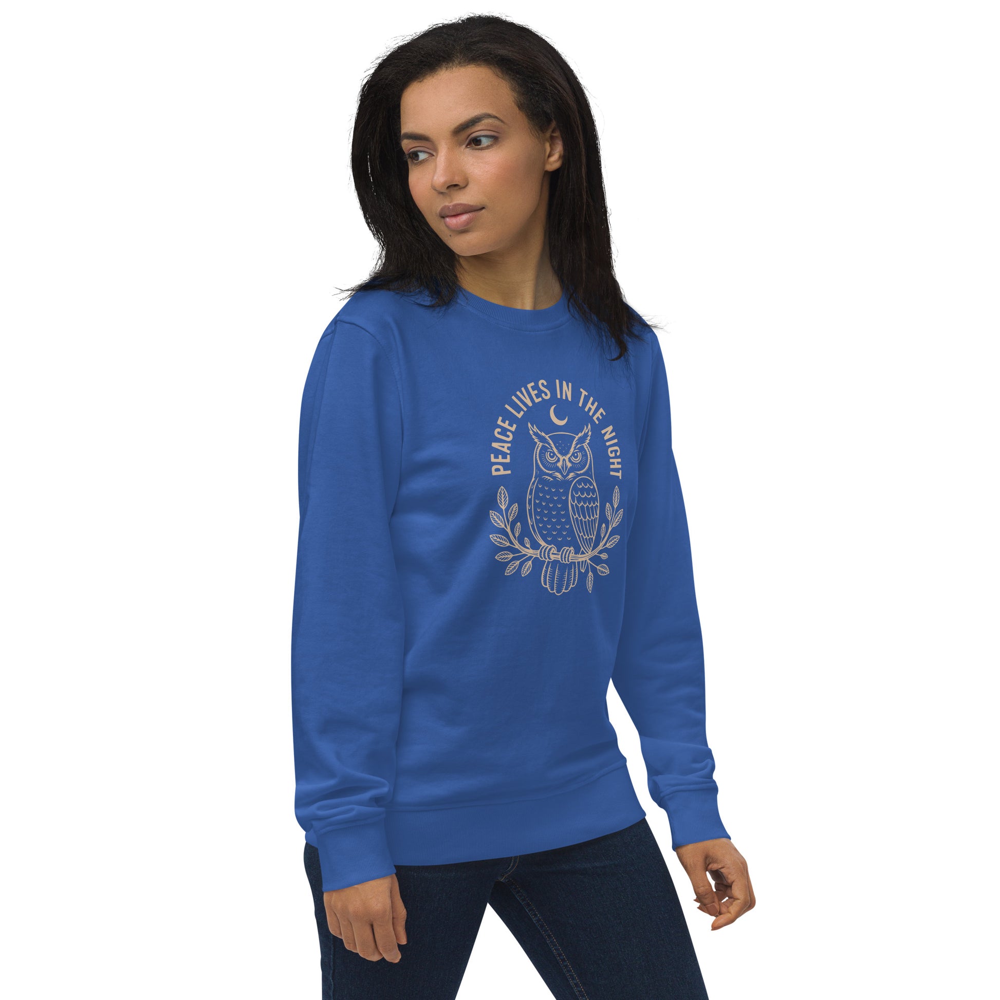 Unisex Organic Sweatshirt: 'Peace in the Night' in Fall | Sustainable Owl Fashion USA Dudeily