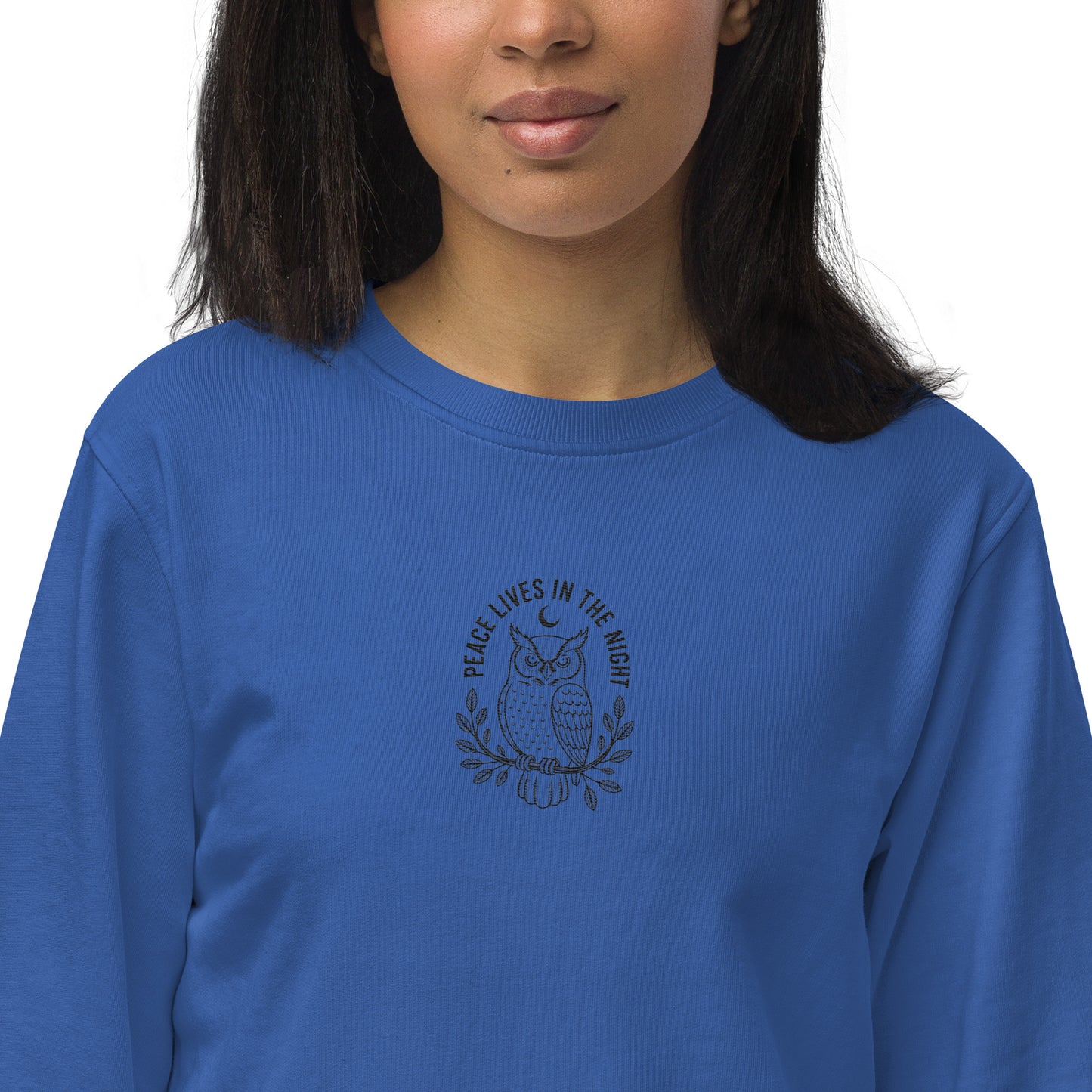 Owl Unisex Organic Sweatshirt – 'Peace Lives in the Night' in Fall | Sustainable Fashion USA Dudeily