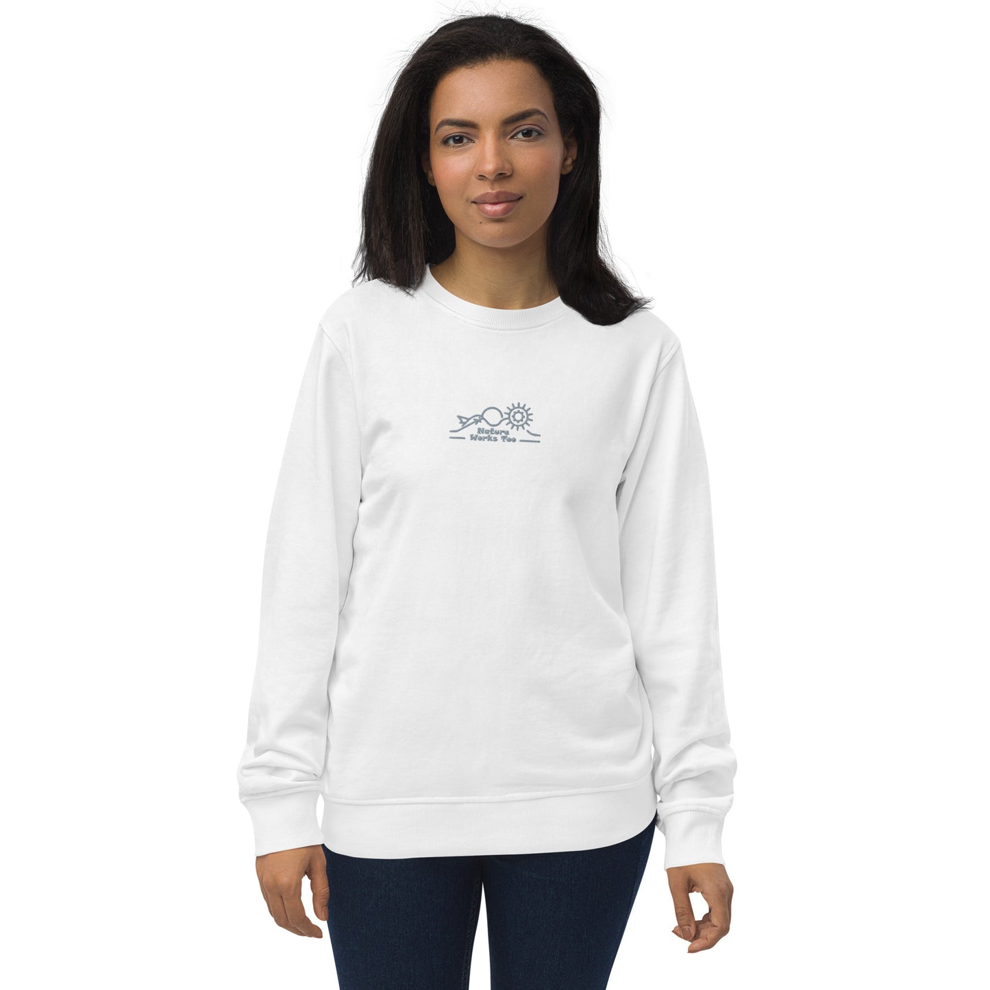 Unisex Organic Sweatshirt: Nature Works Too | Owl Embroidered Sustainable Fashion USA White Dudeily