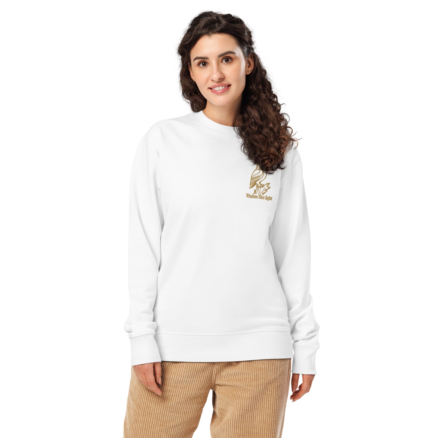 Owl Unisex Organic Sweatshirt: 'Wisdom Flies Light' in Fall | Sustainable Fashion USA White Dudeily