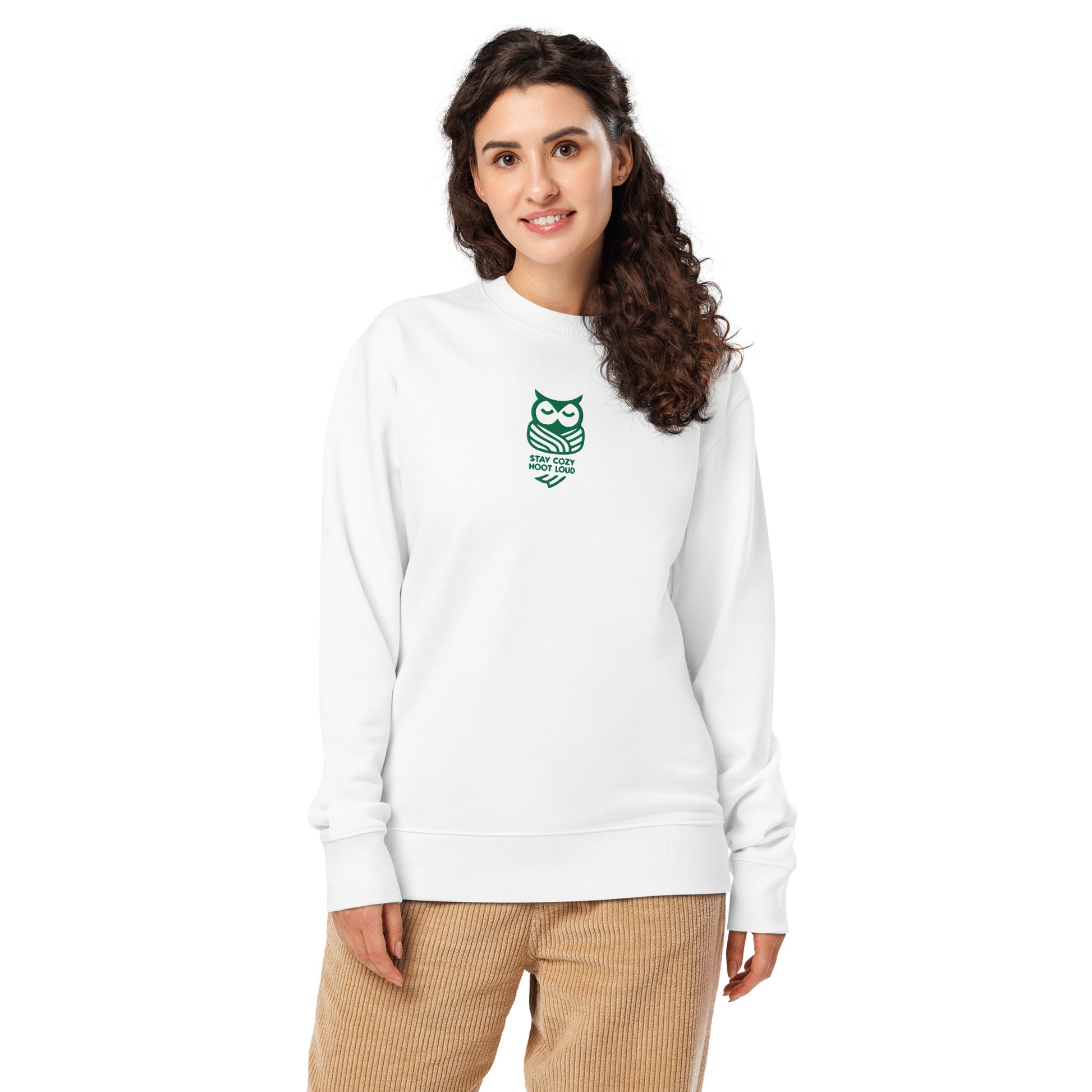Unisex Organic Sweatshirt: "Stay Cozy Hoot Loud" in Fall | Sustainable Owl Fashion USA Dudeily