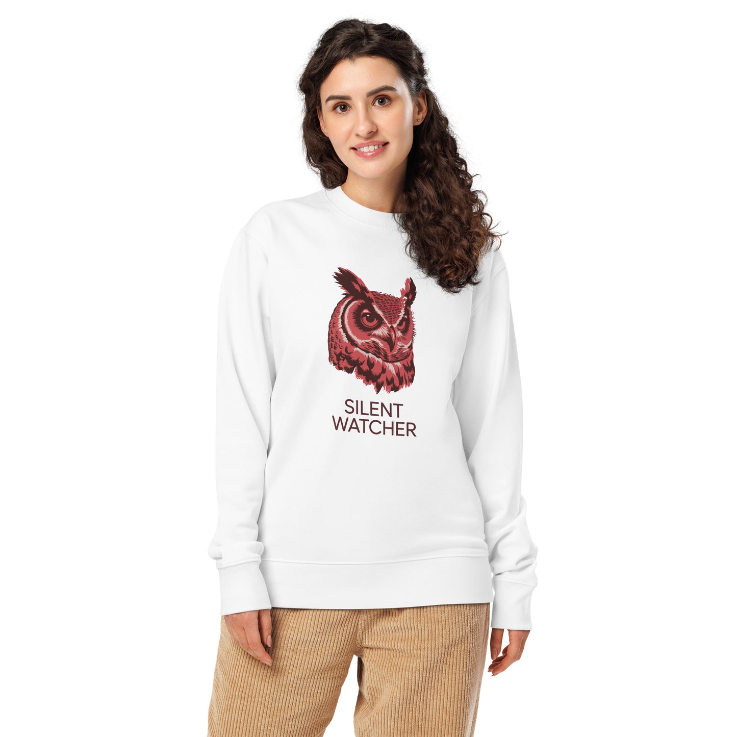 Unisex Organic Sweatshirt: 'Silent Watcher' in Fall | Ethical Owl Clothing USA White Dudeily