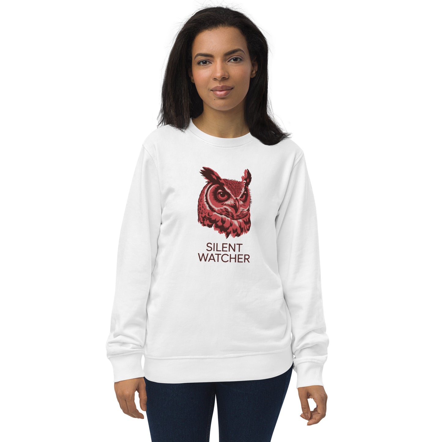 Unisex Organic Sweatshirt: 'Silent Watcher' in Fall | Ethical Owl Clothing USA White Dudeily