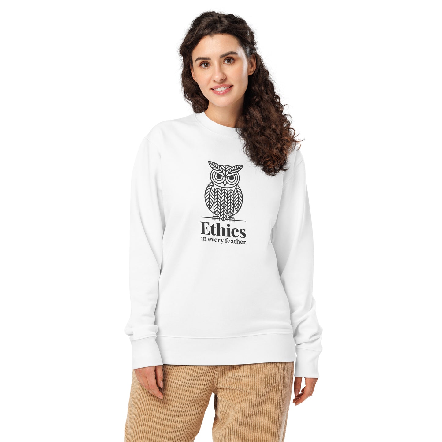 Unisex Organic Sweatshirt: 'Ethics in Every Feather' for Fall | Eco-Friendly Owl Apparel USA White Dudeily