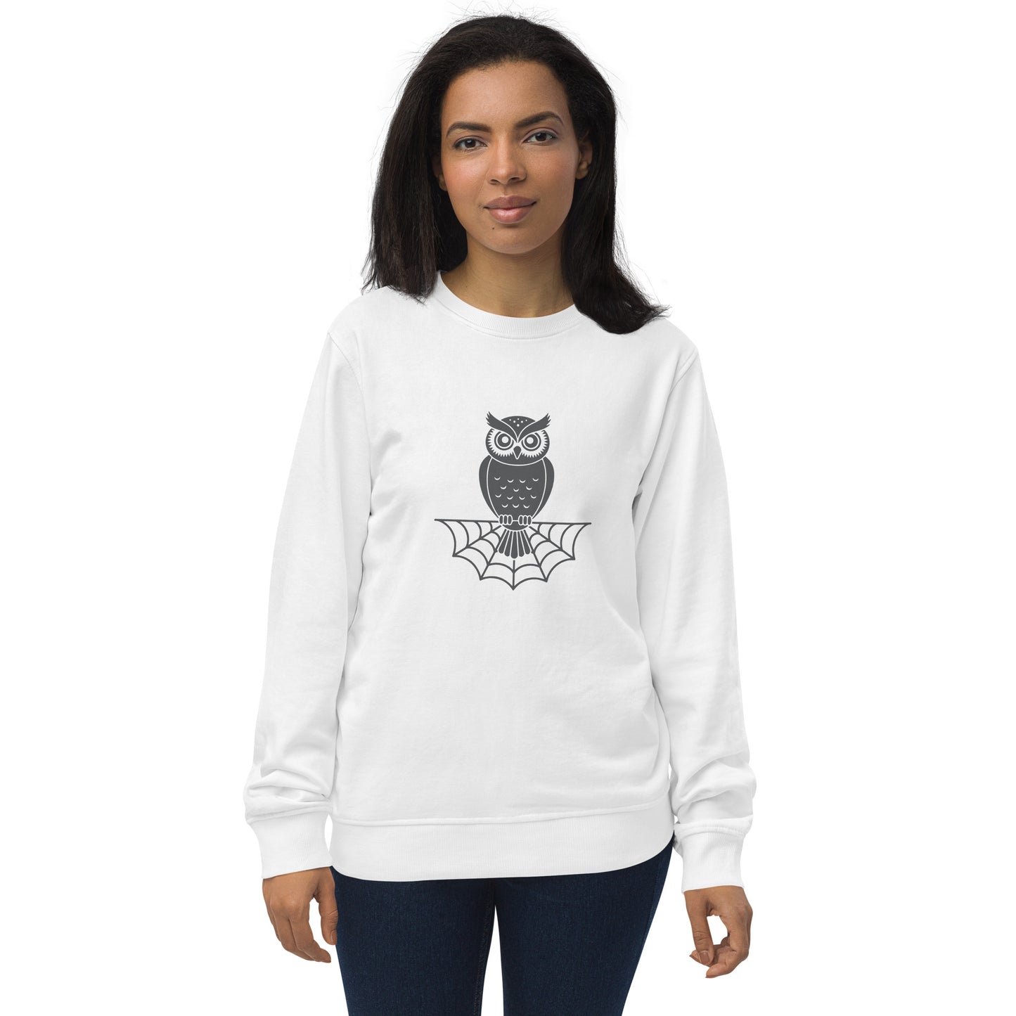 Unisex Organic Sweatshirt: Halloween Owl Spooky Sustainable Style | Eco-Friendly USA White Dudeily