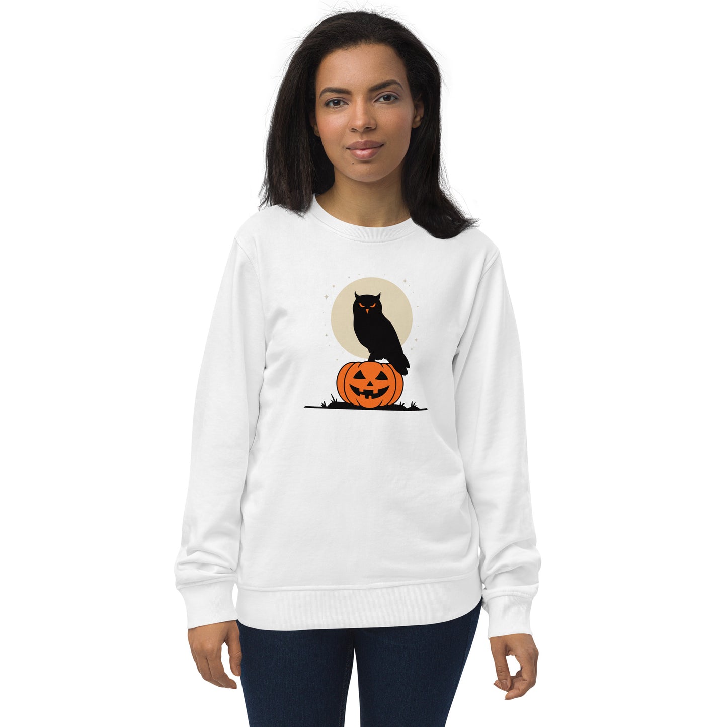 Unisex Organic Sweatshirt: Halloween Owl Cozy Eco-Friendly Style USA White Dudeily