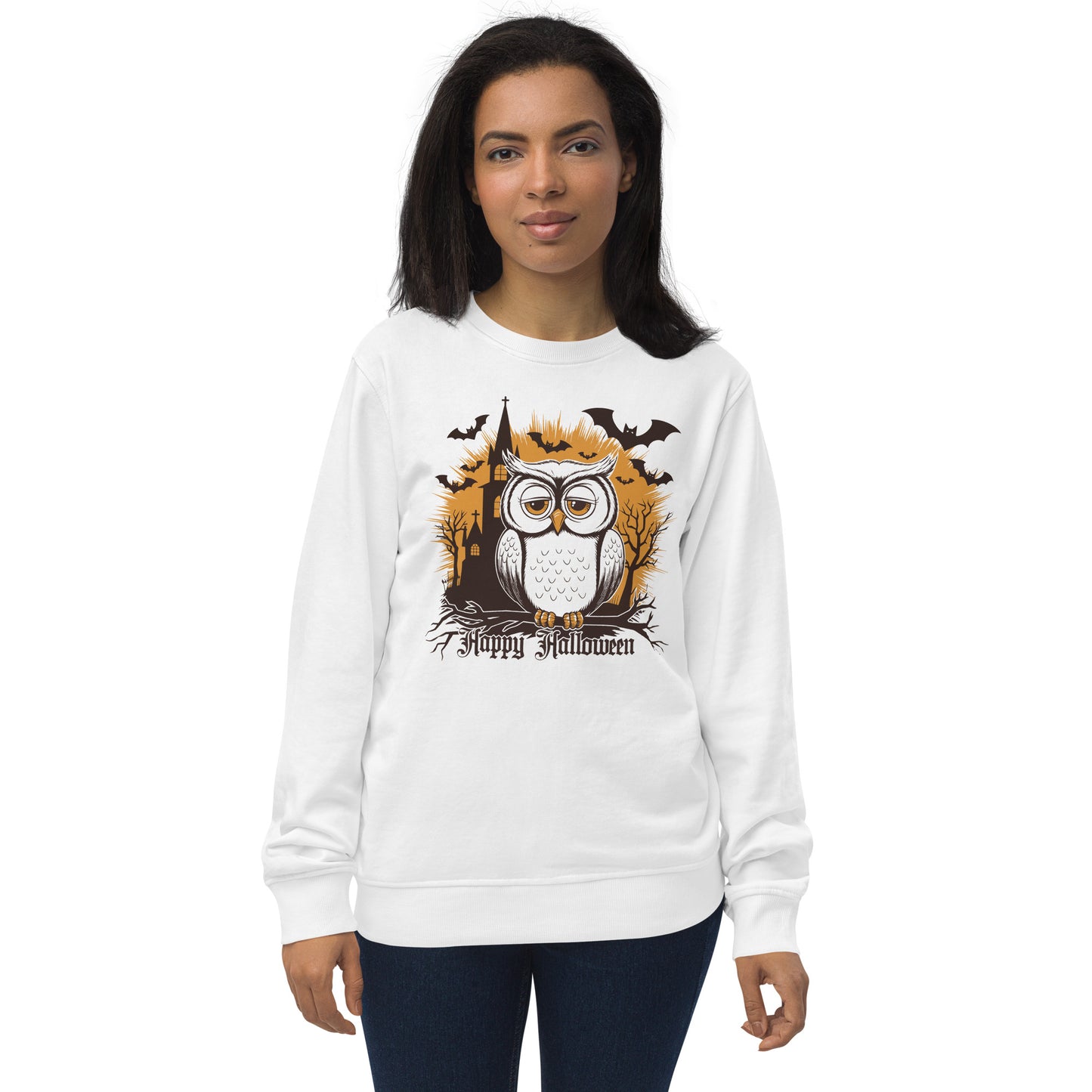 Unisex Organic Sweatshirt: Halloween Owl Cozy Eco-Friendly Style USA White Dudeily