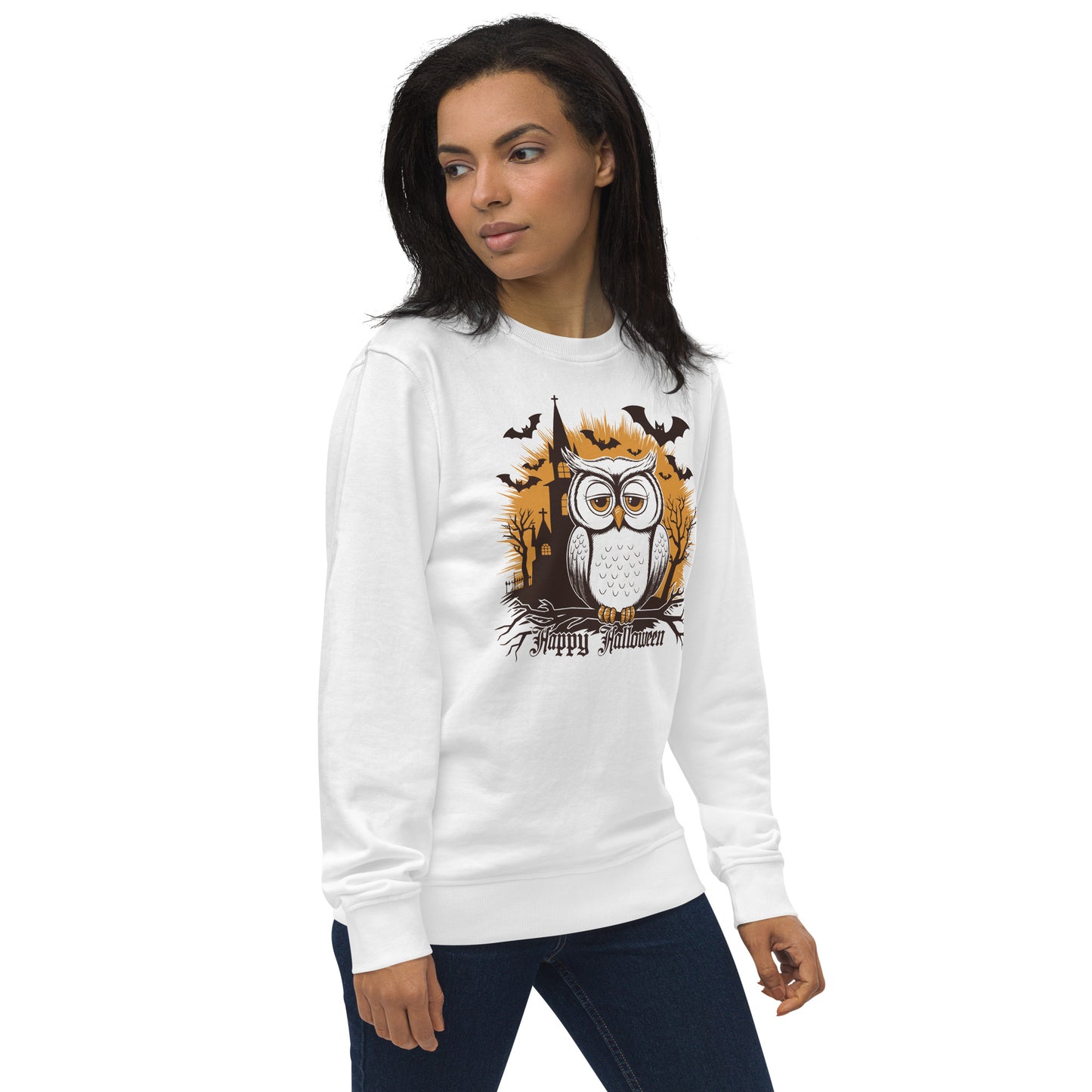 Unisex Organic Sweatshirt: Halloween Owl Cozy Eco-Friendly Style USA Dudeily