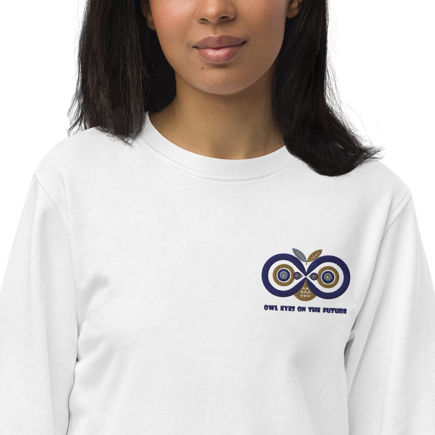 Unisex Organic Sweatshirt: Owl Eyes on the Future | Owl Embroidered Sustainable Fashion USA Dudeily