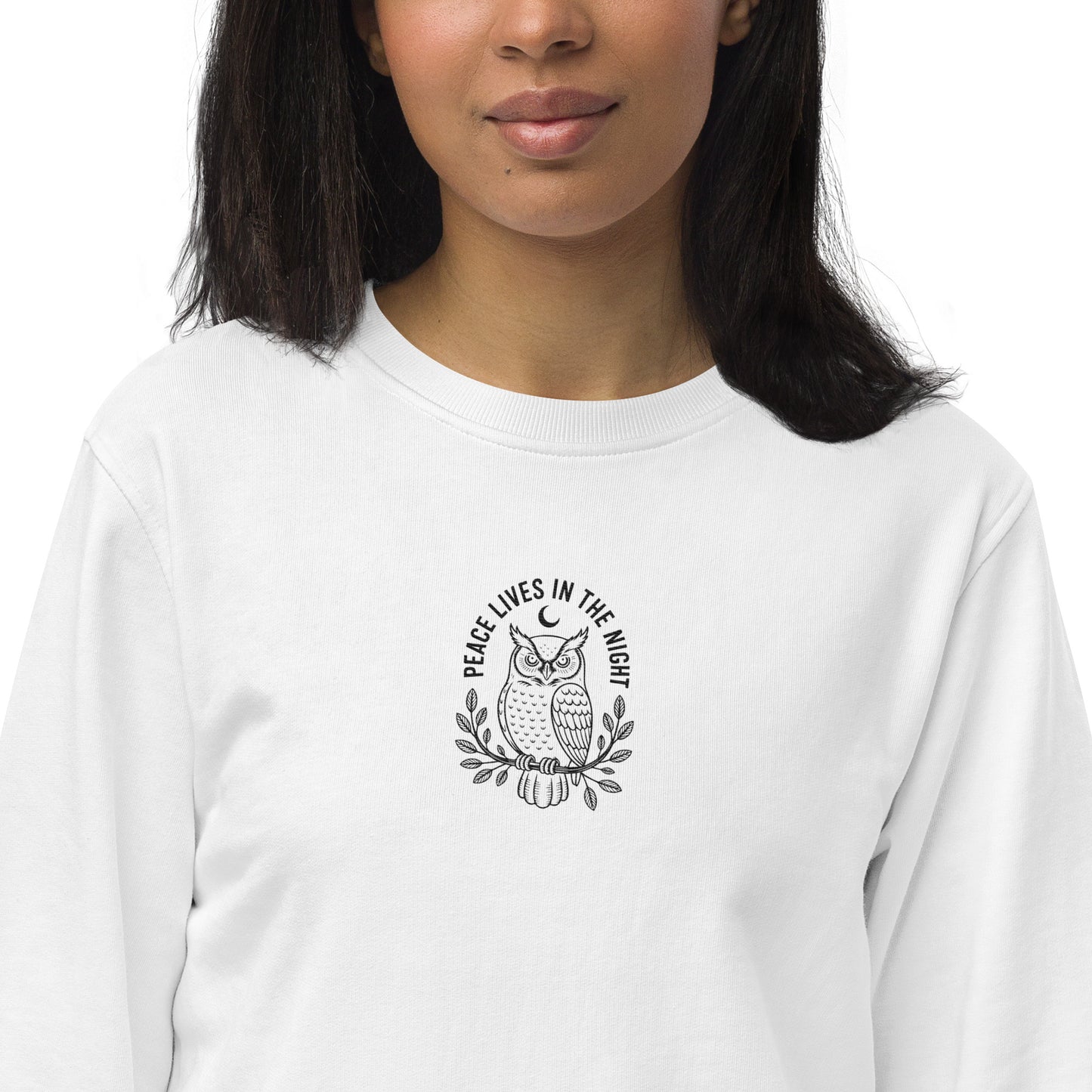 Owl Unisex Organic Sweatshirt – 'Peace Lives in the Night' in Fall | Sustainable Fashion USA Dudeily