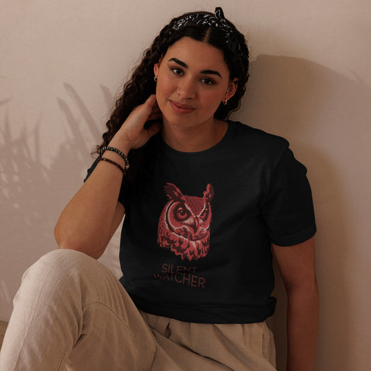 Unisex Staple Eco T-Shirt: 'Silent Watcher' in Fall | Sustainable Owl Fashion USA Dudeily