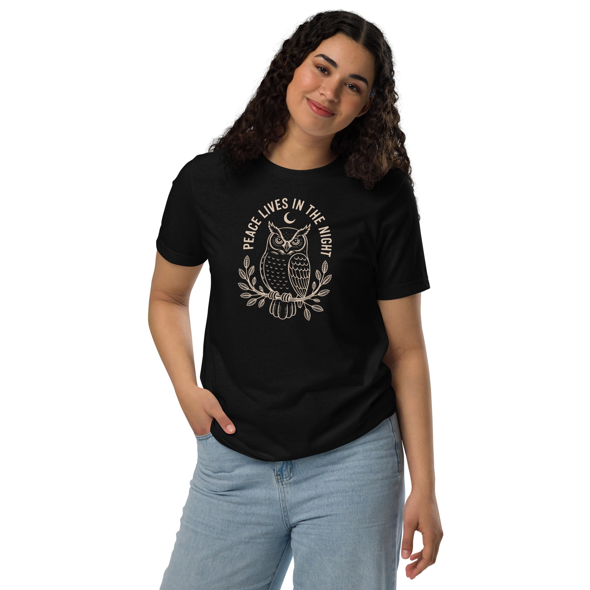 Unisex Staple Eco T-Shirt: 'Peace in the Night' in Fall | Sustainable Owl Fashion USA Black Dudeily