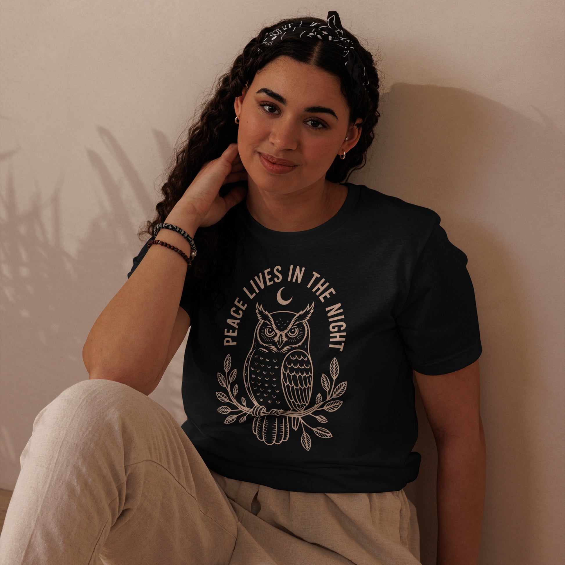 Unisex Staple Eco T-Shirt: 'Peace in the Night' in Fall | Sustainable Owl Fashion USA Dudeily