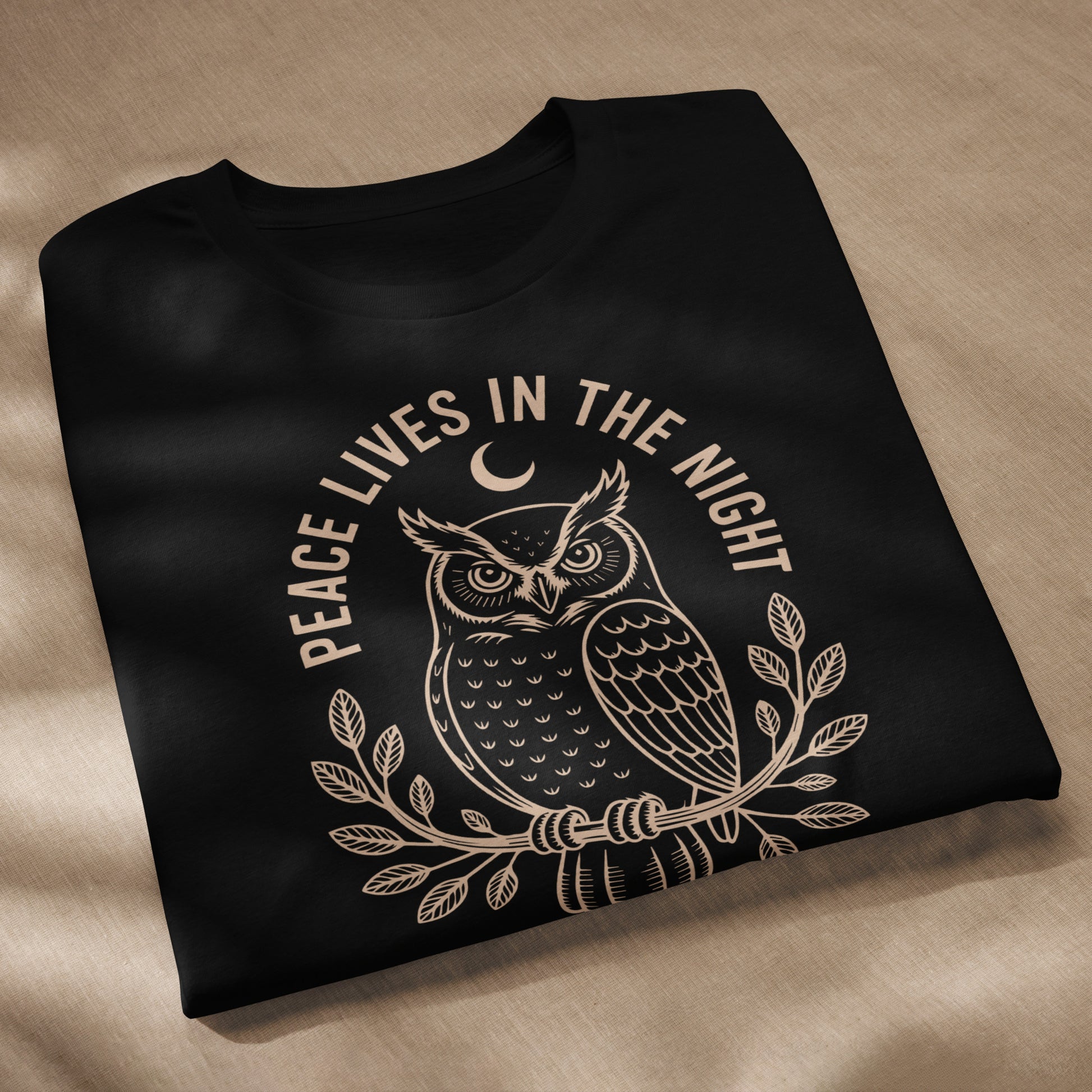 Unisex Staple Eco T-Shirt: 'Peace in the Night' in Fall | Sustainable Owl Fashion USA Dudeily