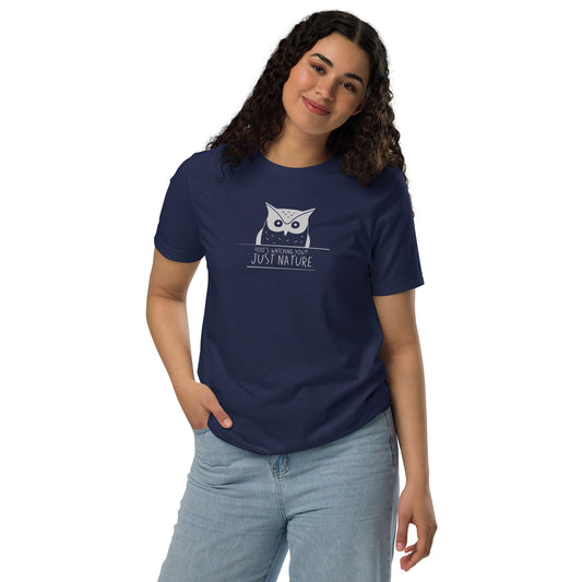 Staple Eco T-Shirt: 'Hoo’s Watching You? Just Nature' in Fall | Ethical Owl Clothing USA Navy Dudeily