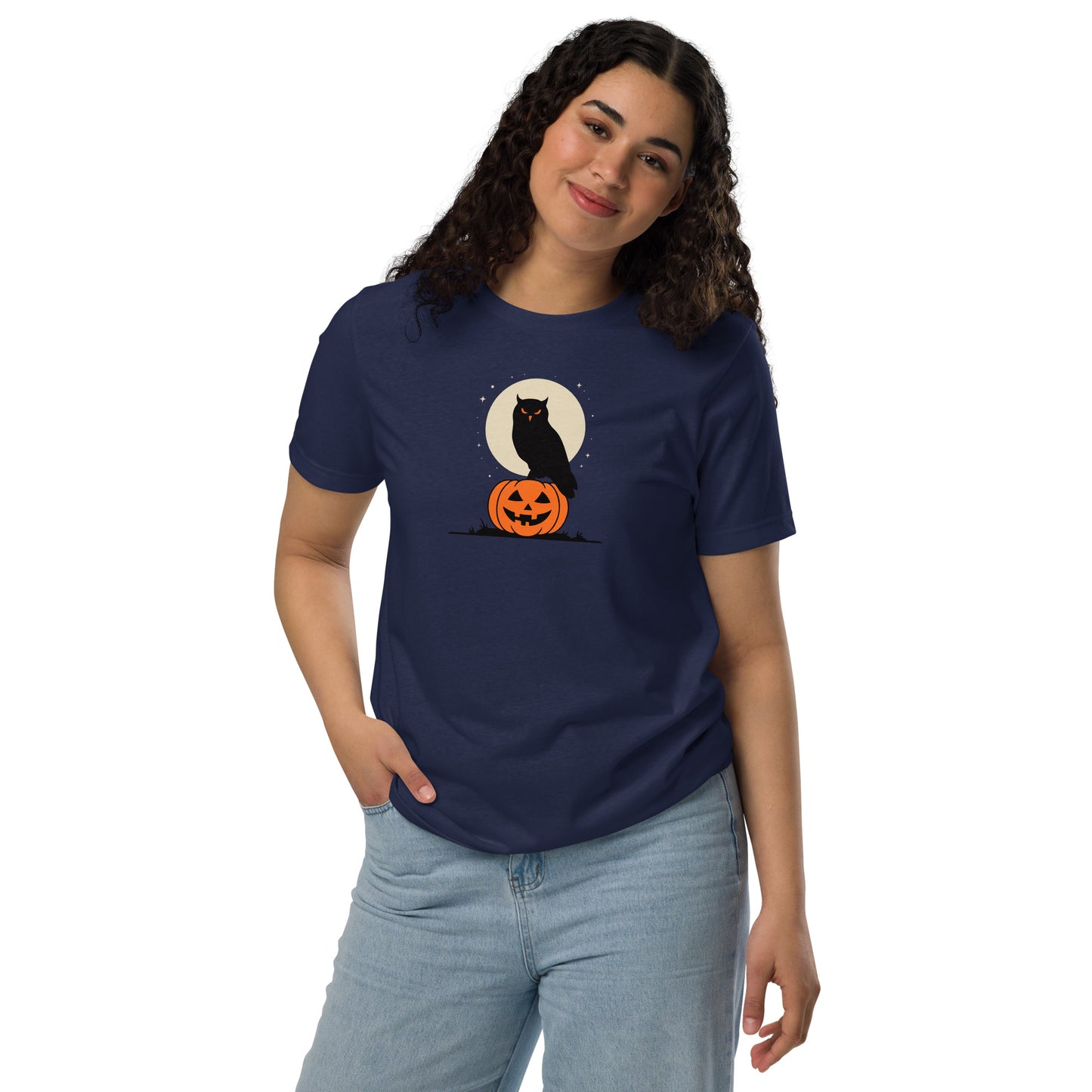 Unisex Staple Eco T-Shirt: Halloween Owl Sustainable Cozy Style USA Navy Dudeily