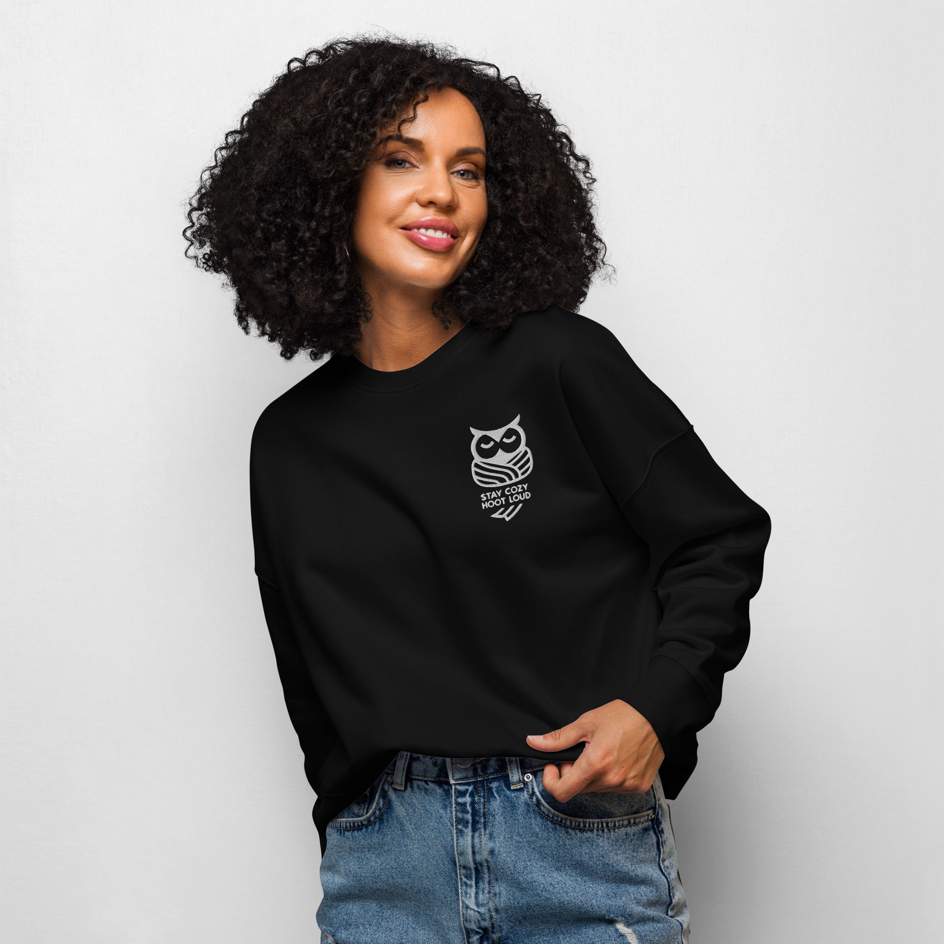 Women’s Organic Crew Neck Sweatshirt: 'Stay Cozy Hoot Loud' in Fall | Sustainable Owl Fashion USA Dudeily