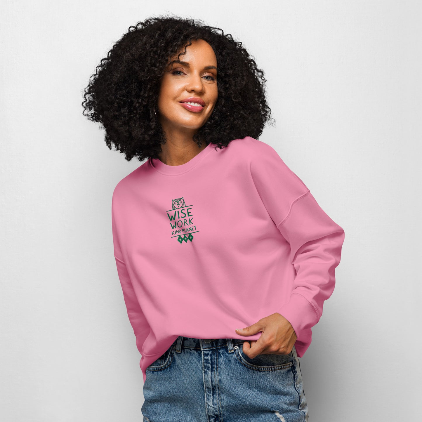 Women’s Organic Crew Neck Sweatshirt: Wise Work, Kind Planet | Owl Embroidered Sustainable Fashion USA by Dudeily Dudeily