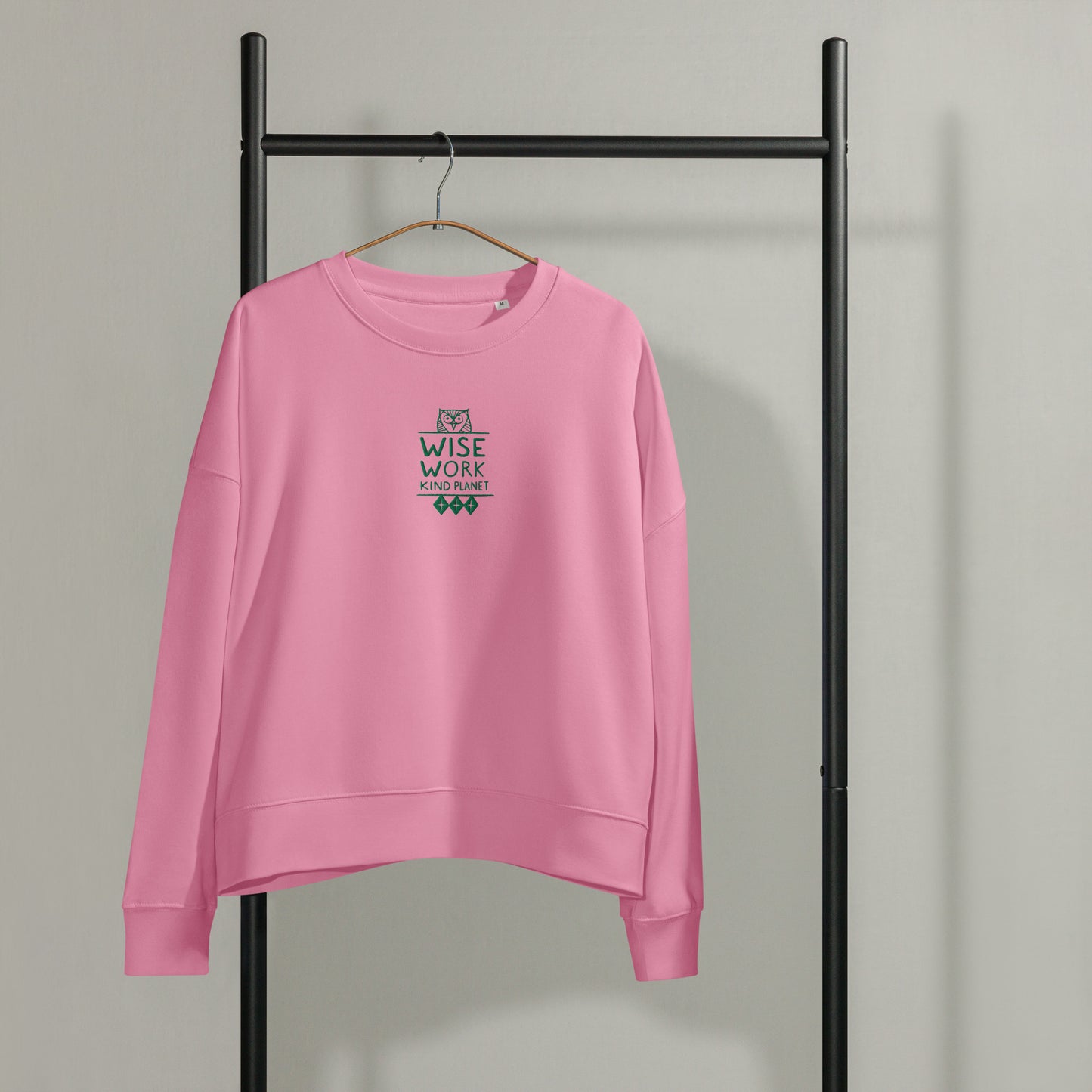 Women’s Organic Crew Neck Sweatshirt: Wise Work, Kind Planet | Owl Embroidered Sustainable Fashion USA by Dudeily Dudeily