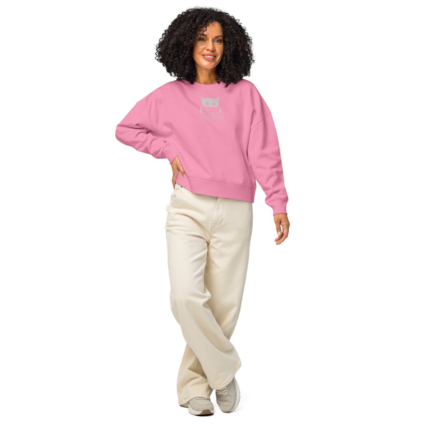 Women’s Organic Crew Neck Sweatshirt: 'Hoo's Watching You? Just Nature' | Ethical Owl Clothing USA Bubble Pink Dudeily