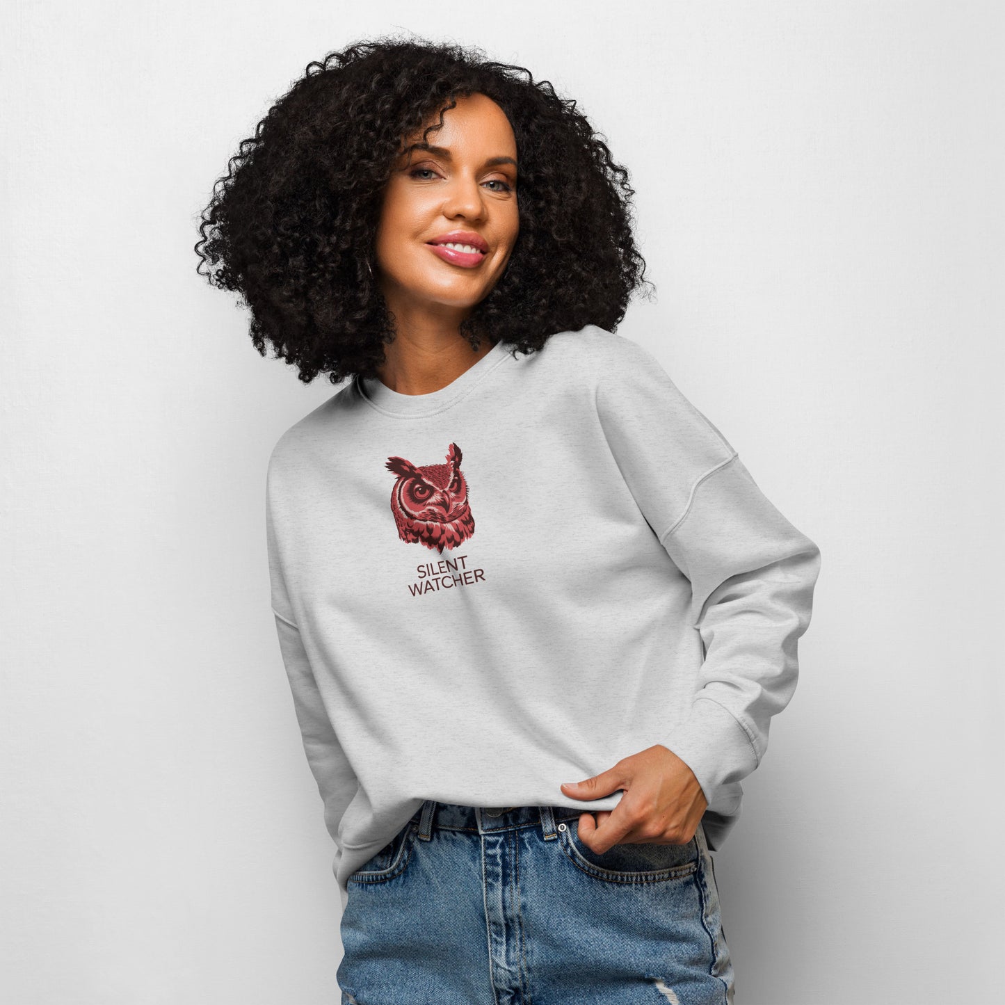 Women’s Organic Crew Neck Sweatshirt: 'Silent Watcher' in Fall | Sustainable Owl Fashion USA Dudeily