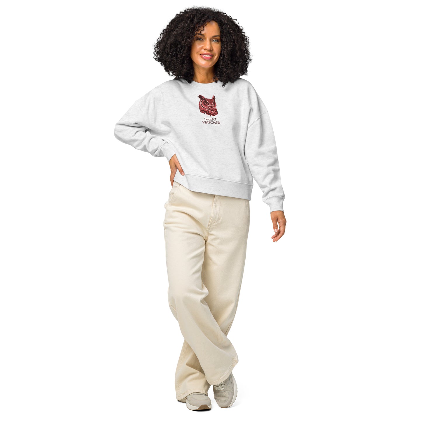 Women’s Organic Crew Neck Sweatshirt: 'Silent Watcher' in Fall | Sustainable Owl Fashion USA Cool Heather Grey Dudeily
