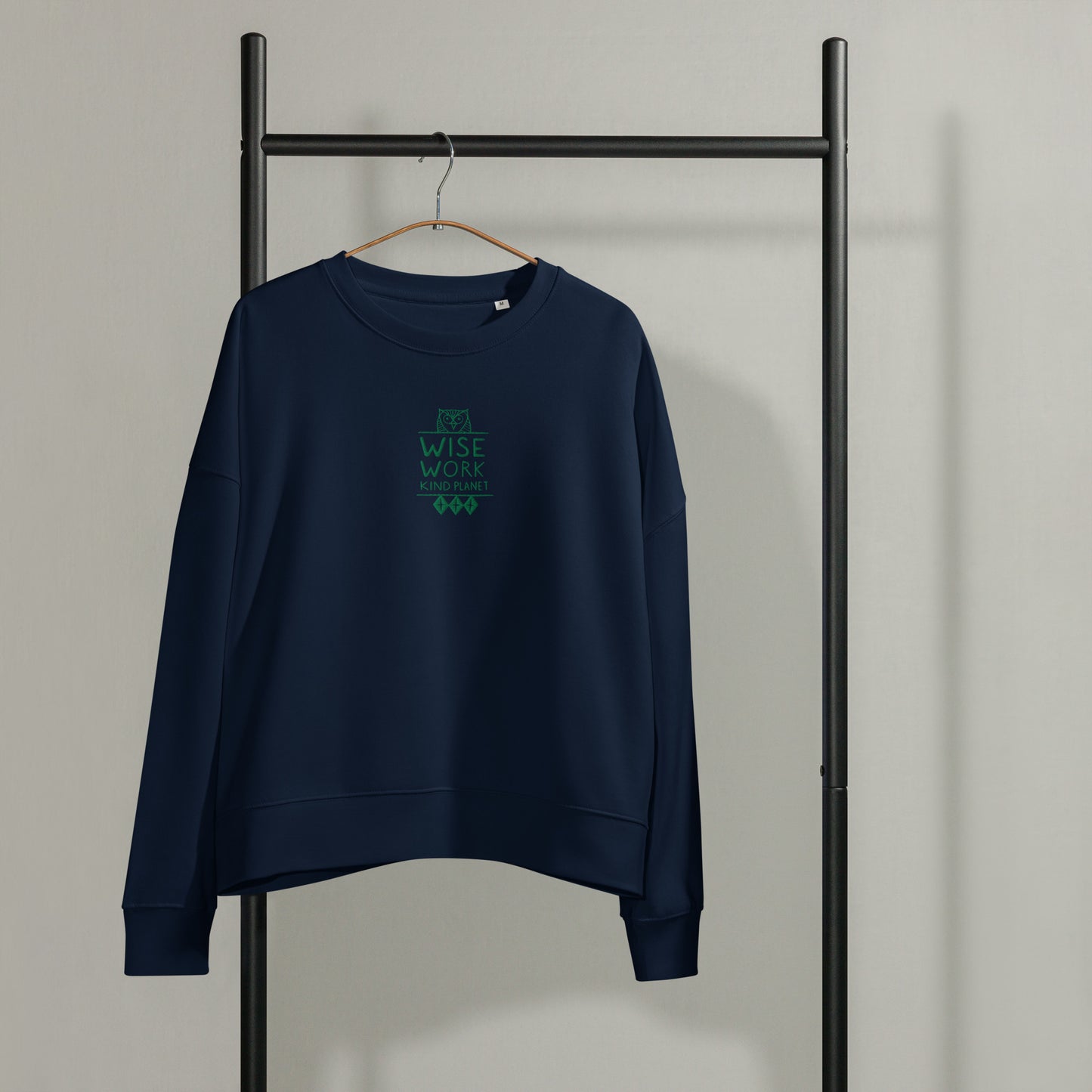 Women’s Organic Crew Neck Sweatshirt: Wise Work, Kind Planet | Owl Embroidered Sustainable Fashion USA by Dudeily Dudeily