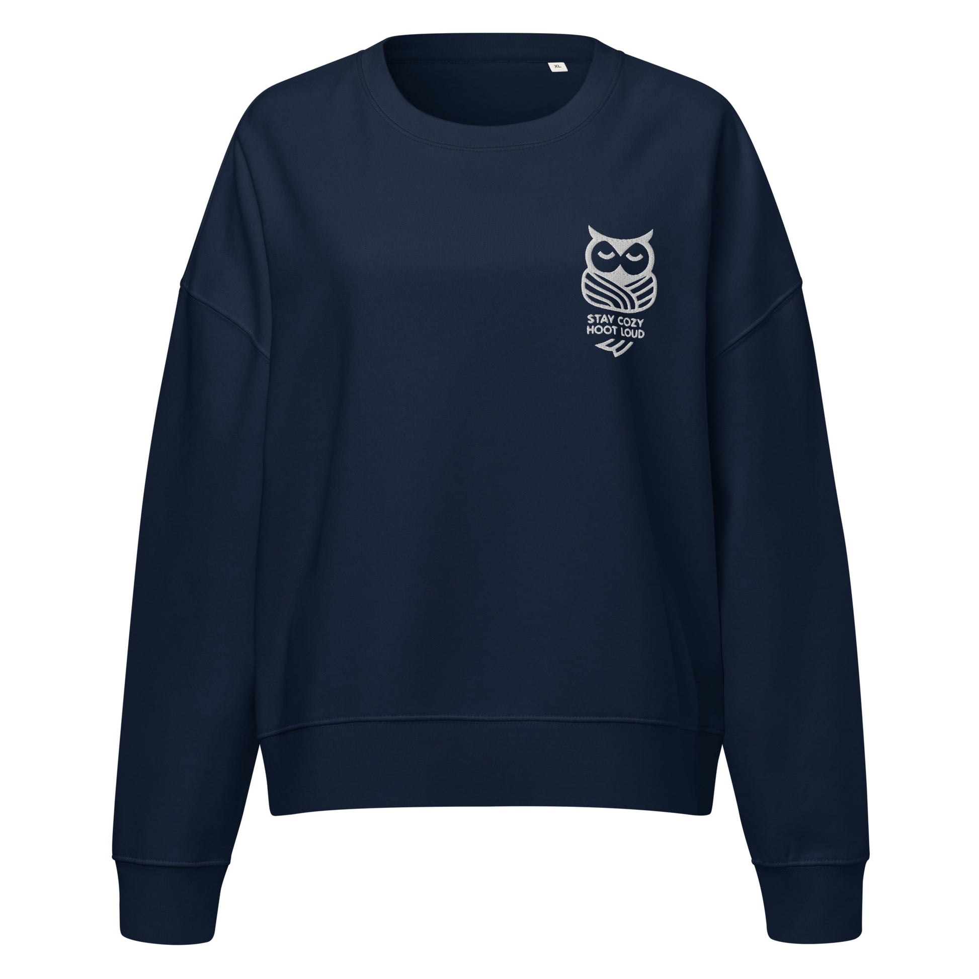 Women’s Organic Crew Neck Sweatshirt: 'Stay Cozy Hoot Loud' in Fall | Sustainable Owl Fashion USA Dudeily