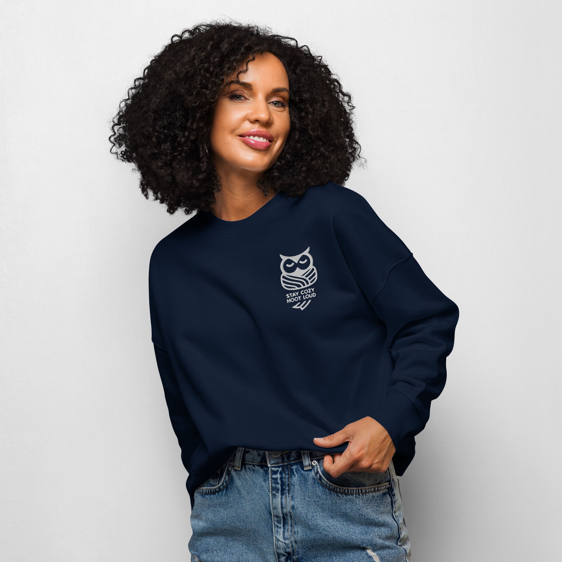Women’s Organic Crew Neck Sweatshirt: 'Stay Cozy Hoot Loud' in Fall | Sustainable Owl Fashion USA Dudeily