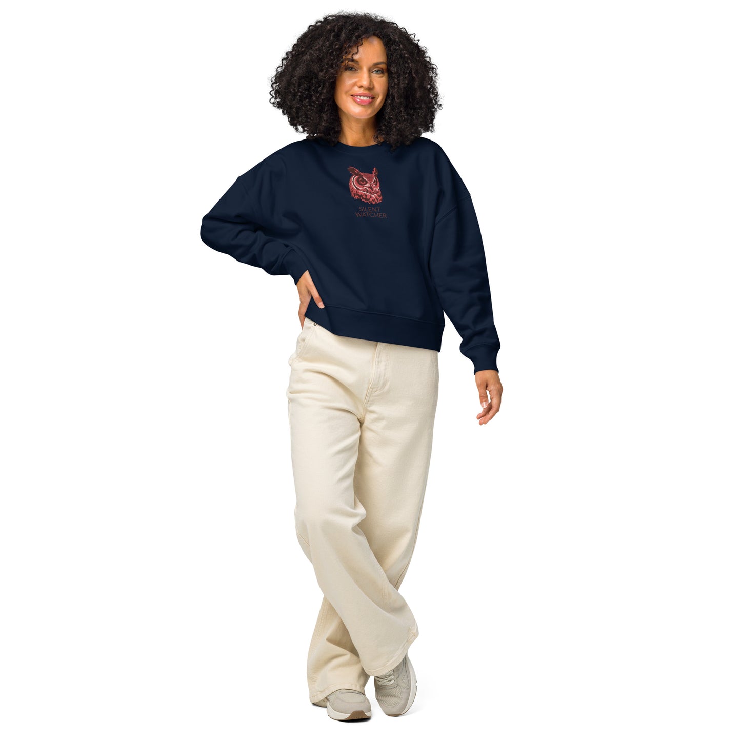 Women’s Organic Crew Neck Sweatshirt: 'Silent Watcher' in Fall | Sustainable Owl Fashion USA French Navy Dudeily