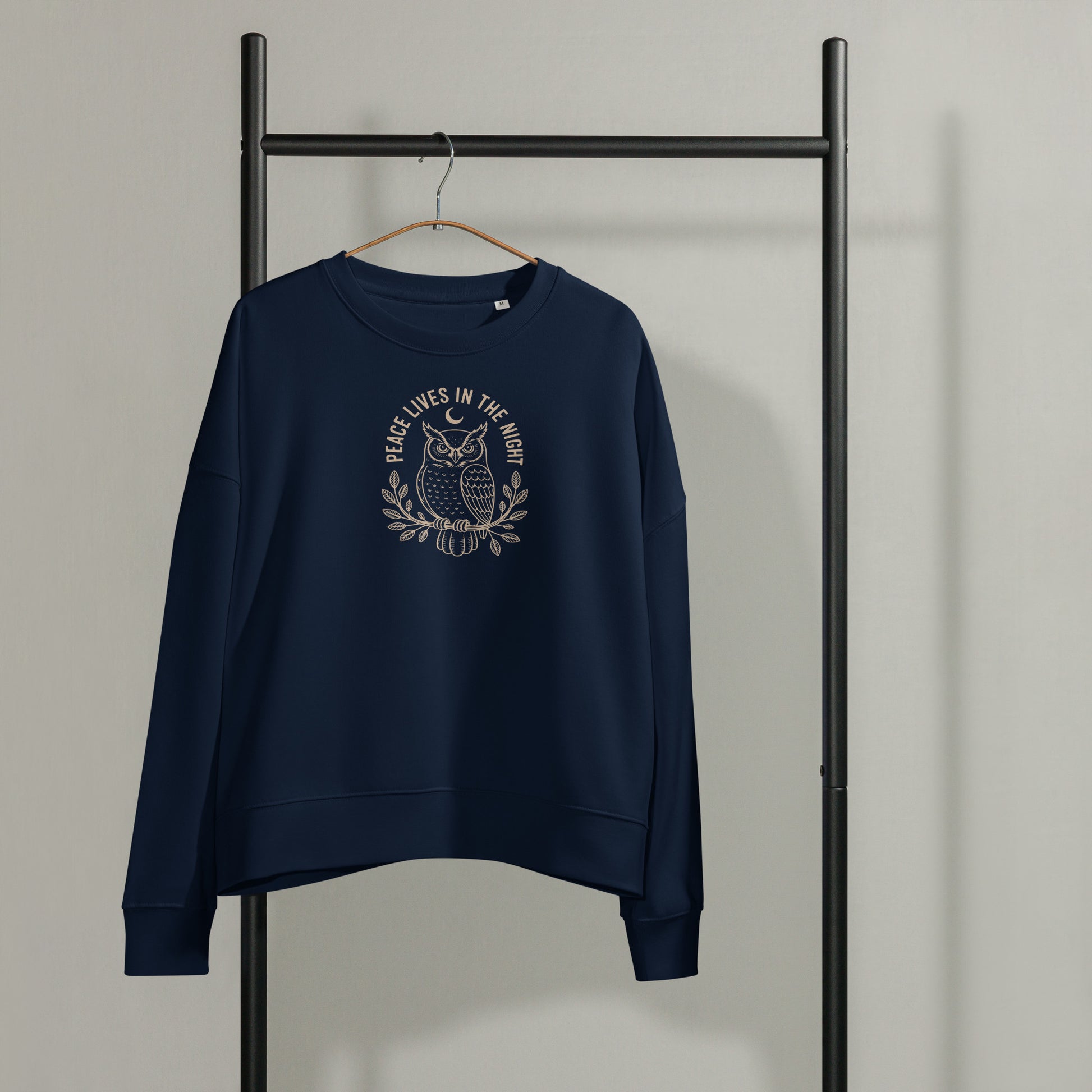 Women’s Organic Crew Neck Sweatshirt: 'Peace in the Night' in Fall | Sustainable Owl Fashion USA Dudeily
