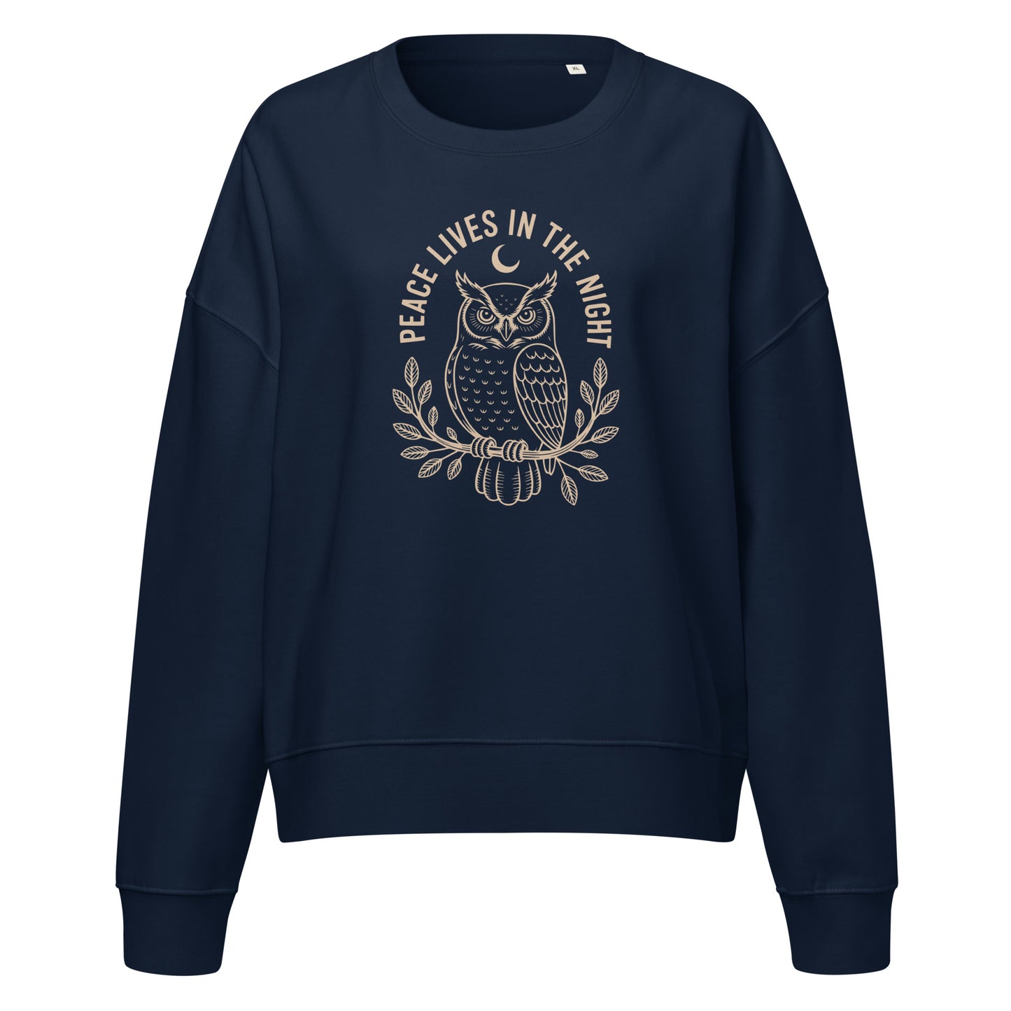 Women’s Organic Crew Neck Sweatshirt: 'Peace in the Night' in Fall | Sustainable Owl Fashion USA Dudeily