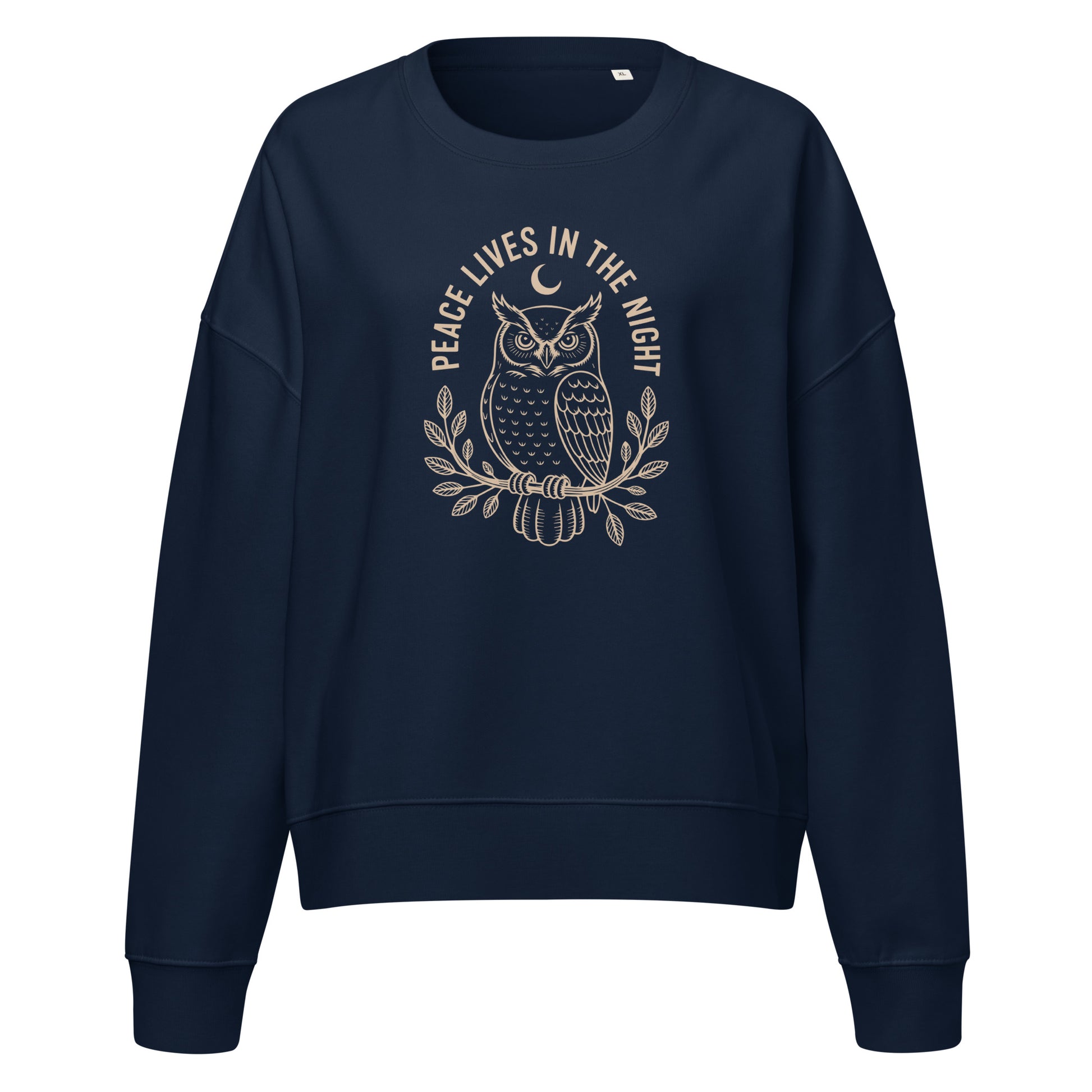 Women’s Organic Crew Neck Sweatshirt: 'Peace in the Night' in Fall | Sustainable Owl Fashion USA Dudeily