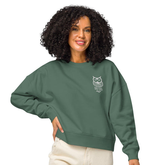 Women’s Organic Crew Neck Sweatshirt: 'Stay Cozy Hoot Loud' in Fall | Sustainable Owl Fashion USA Green Bay Dudeily