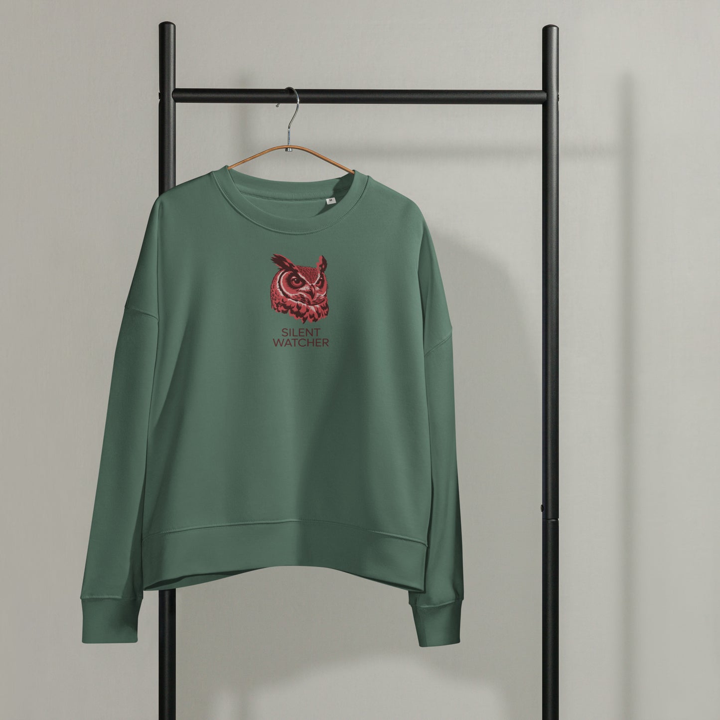 Women’s Organic Crew Neck Sweatshirt: 'Silent Watcher' in Fall | Sustainable Owl Fashion USA Dudeily