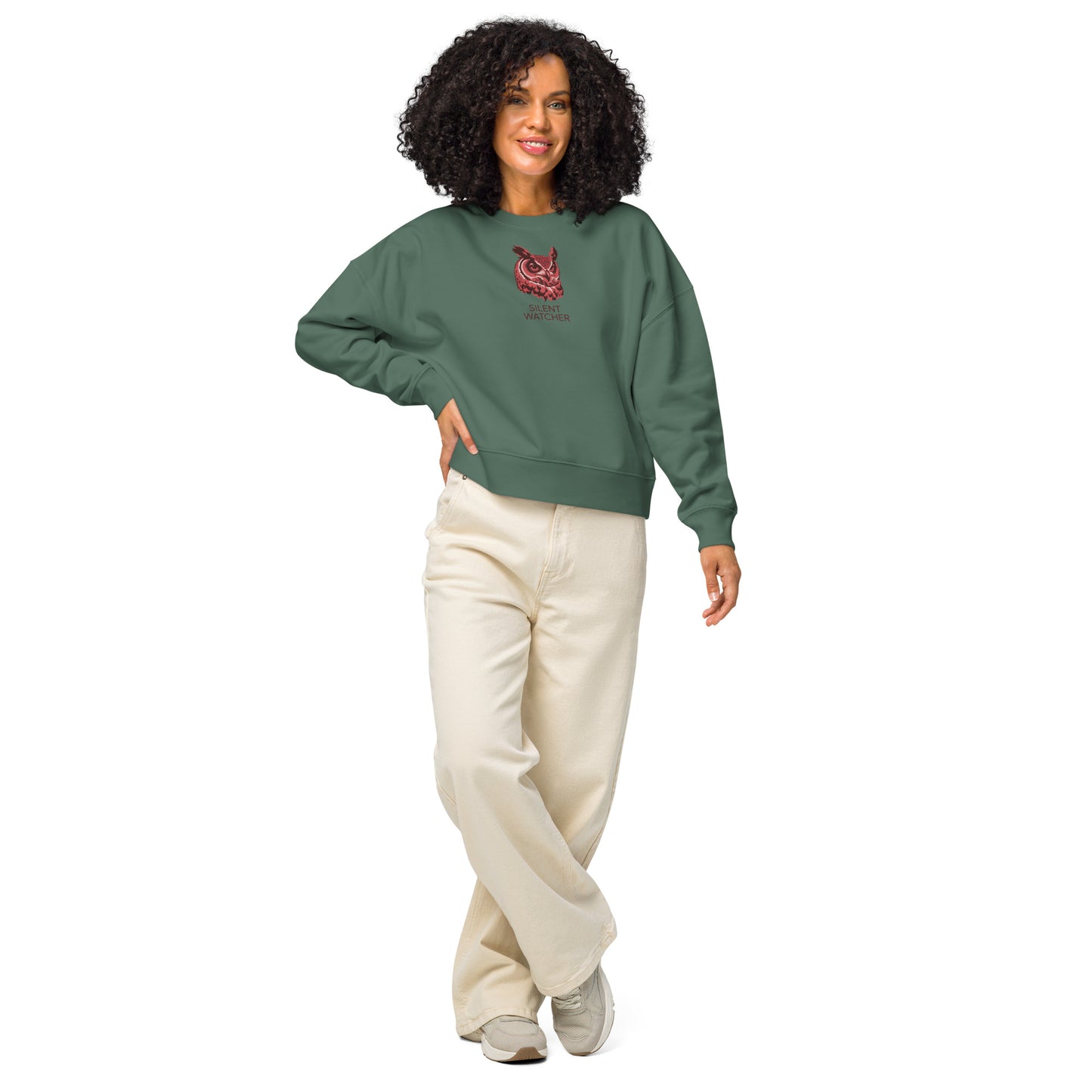 Women’s Organic Crew Neck Sweatshirt: 'Silent Watcher' in Fall | Sustainable Owl Fashion USA Green Bay Dudeily