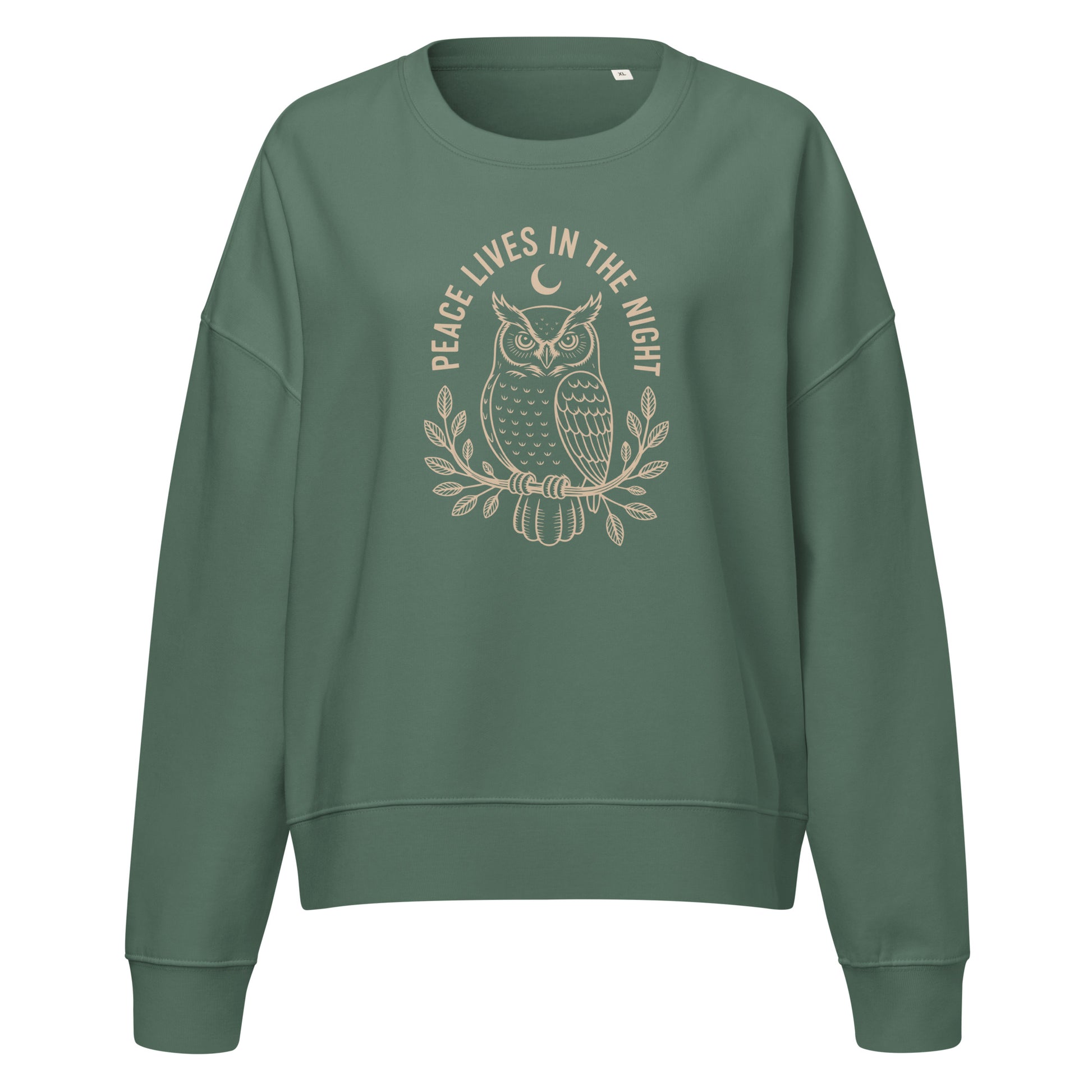 Women’s Organic Crew Neck Sweatshirt: 'Peace in the Night' in Fall | Sustainable Owl Fashion USA Dudeily