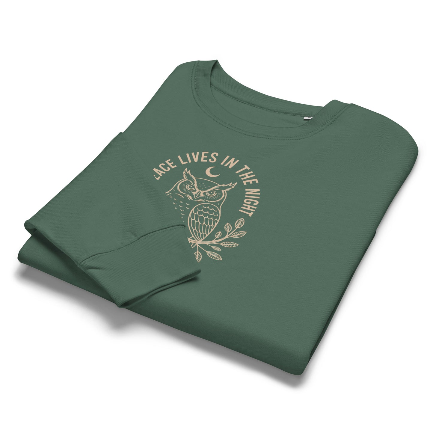 Women’s Organic Crew Neck Sweatshirt: 'Peace in the Night' in Fall | Sustainable Owl Fashion USA Dudeily