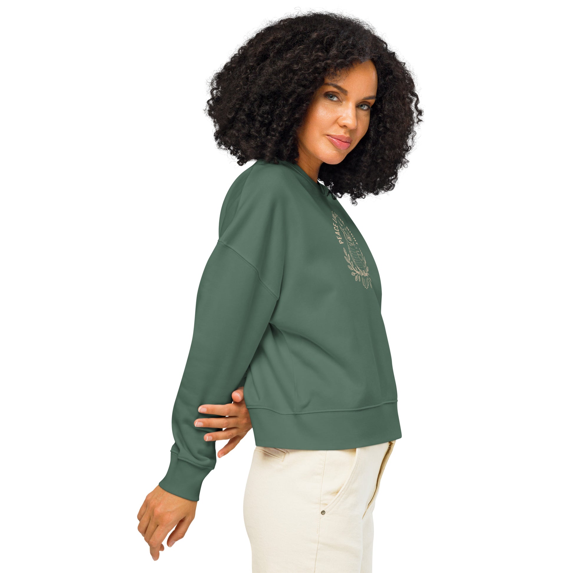 Women’s Organic Crew Neck Sweatshirt: 'Peace in the Night' in Fall | Sustainable Owl Fashion USA Dudeily