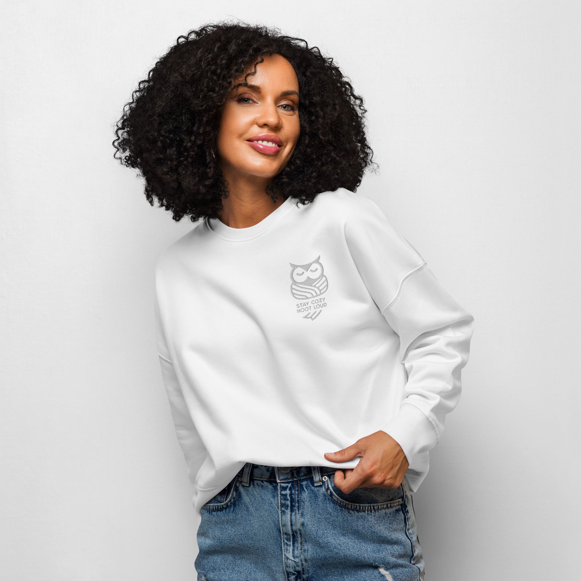Women’s Organic Crew Neck Sweatshirt: 'Stay Cozy Hoot Loud' in Fall | Sustainable Owl Fashion USA Dudeily