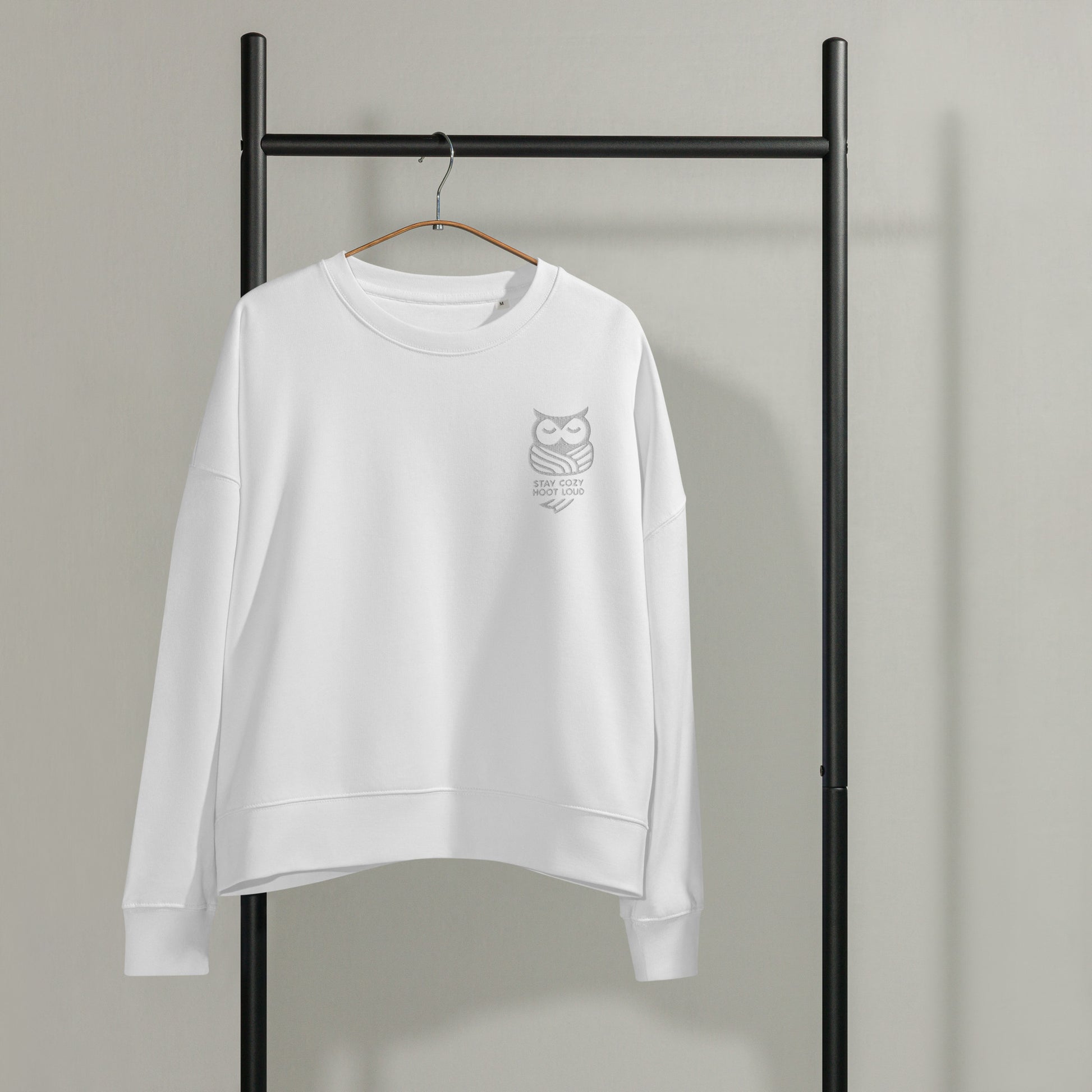 Women’s Organic Crew Neck Sweatshirt: 'Stay Cozy Hoot Loud' in Fall | Sustainable Owl Fashion USA Dudeily