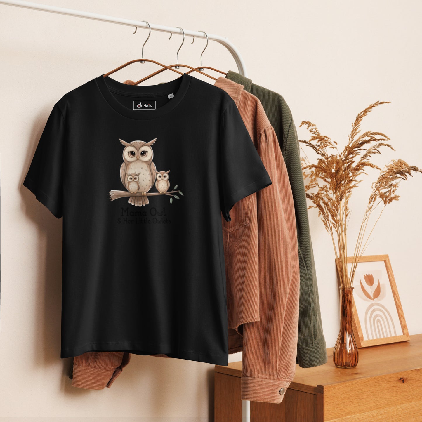 Women’s Organic Ribbed Neck T-Shirt – Sustainable Owl-Inspired Style by Dudeily Dudeily