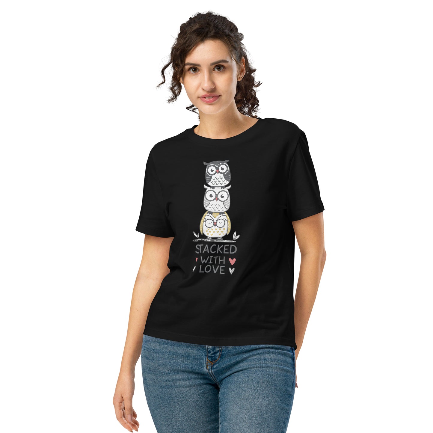 Women’s Organic Ribbed Neck T-Shirt: Stacked with Love | Owl-Themed Sustainable Fashion USA by Dudeily Black Dudeily