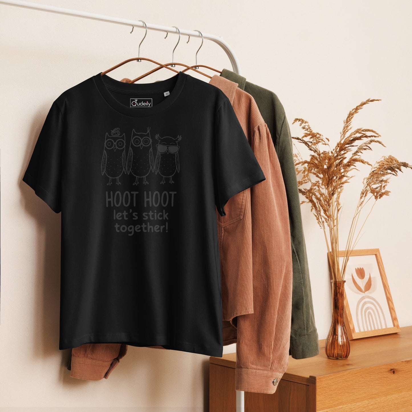 Women’s Organic Ribbed Neck T-Shirt: Hoot Hoot Let’s Stick Together! | Owl-Themed Sustainable Fashion USA by Dudeily Dudeily