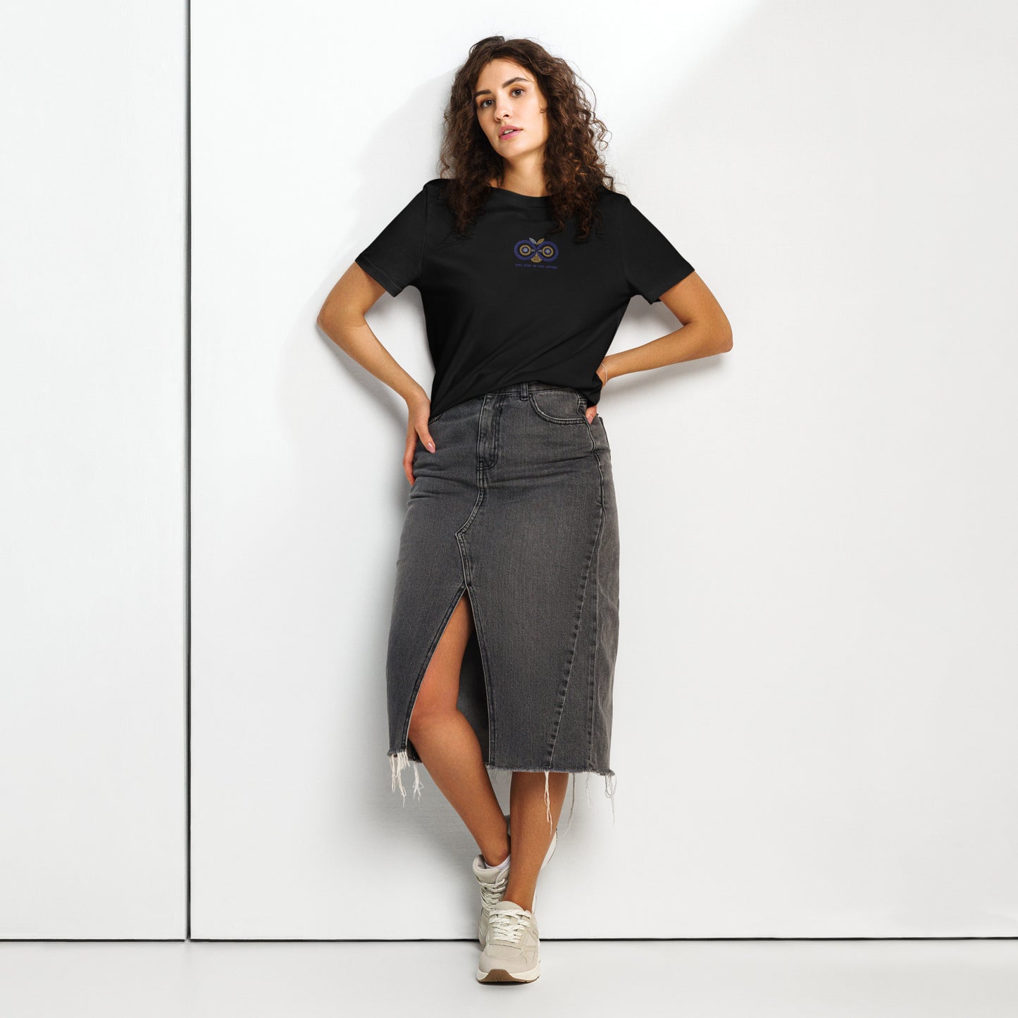 Embroidered Women’s Organic Ribbed Neck T-Shirt – Owl Eyes on the Future | Owl-Themed Sustainable Fashion USA Dudeily