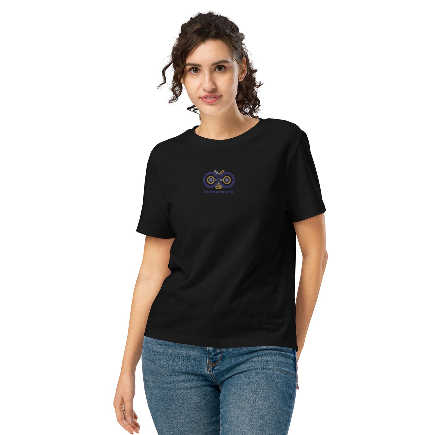 Embroidered Women’s Organic Ribbed Neck T-Shirt – Owl Eyes on the Future | Owl-Themed Sustainable Fashion USA Black Dudeily