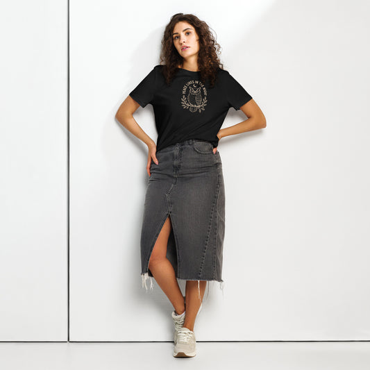 Women’s Organic Ribbed Neck T-Shirt: 'Peace in the Night' in Fall | Sustainable Owl Fashion USA Dudeily